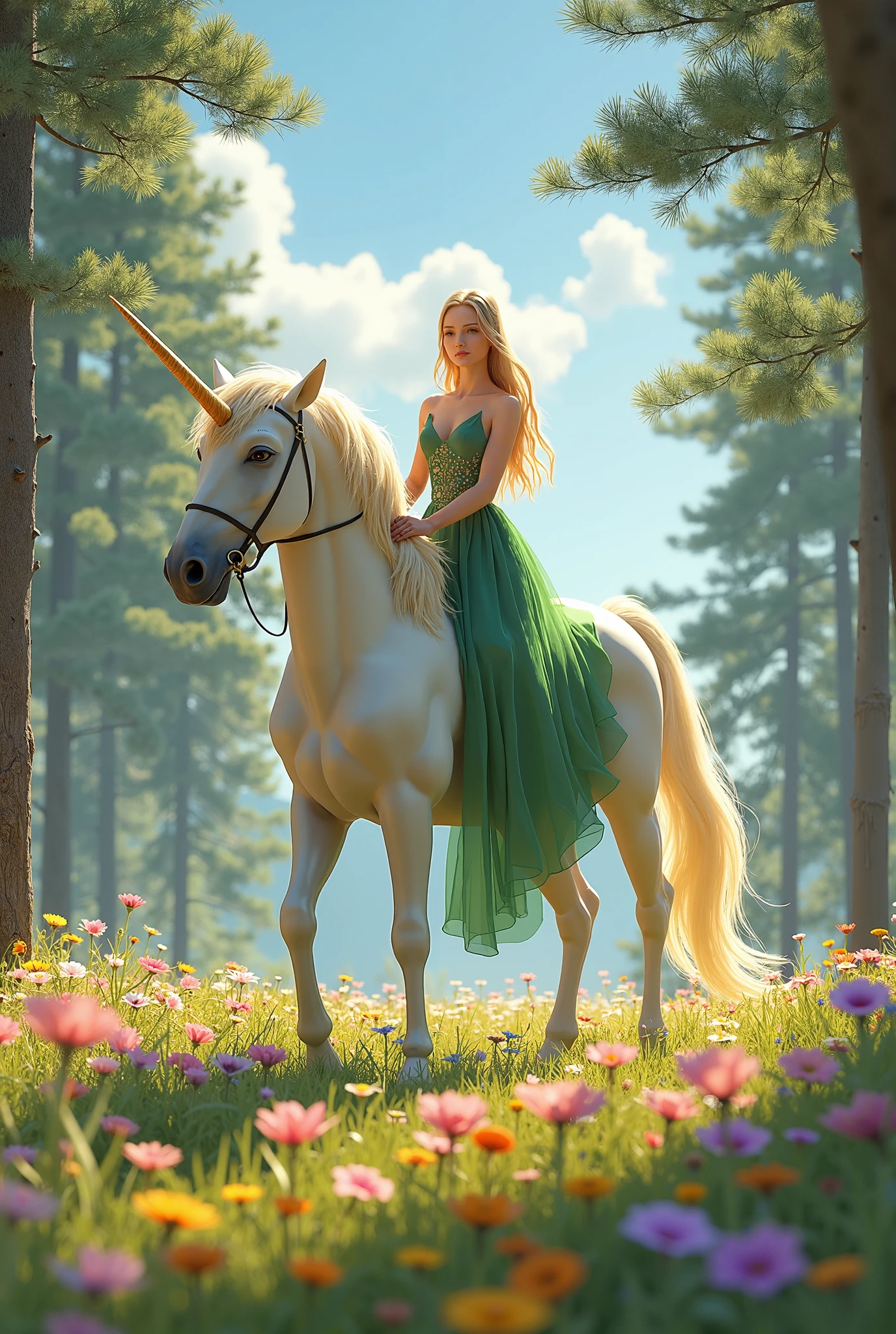 A captivating full-length shot of a radiant maiden in a fantastical enchanted forest., acariciando tiernamente a un majestuoso unicornio con cuerno iridiscente, bathed in the ethereal moonlight. La doncella, adornada con un vestido fluido en tonos pastel, muestra una suave sonrisa en su rostro angelical. su largo, Wavy brown hair cascades down her back.., blending perfectly with the lush vegetation. el unicornio, con su melena y cola radiantes, gazes at the maiden with confidence and affection, reflecting the magic and wonder of the fantasy realm. La escena, representado en un --ar