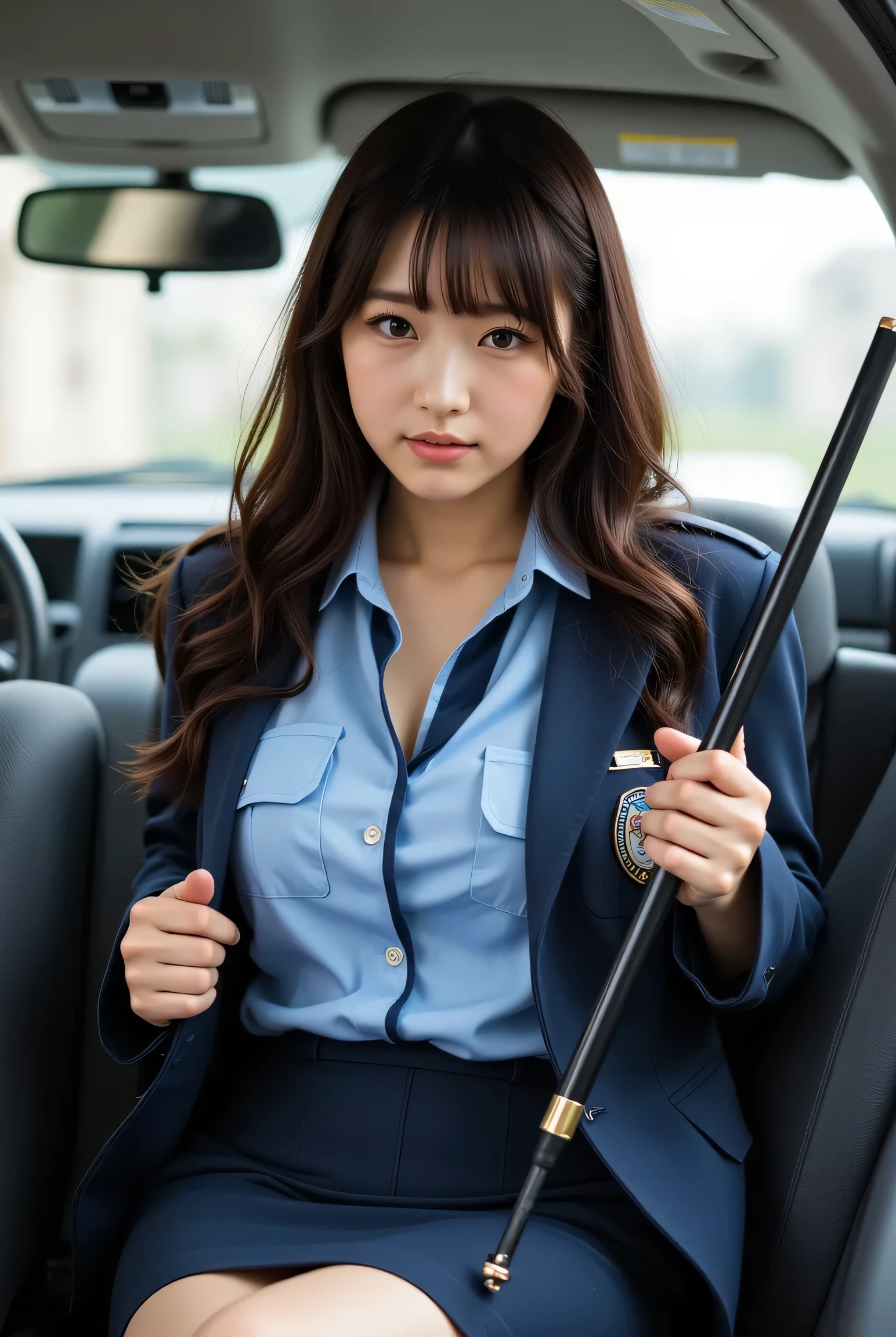 hug_Beauty_ is a Korean female police officer . riding in a Korean police car , she shows her big breasts when she opens the police officer's uniform shirt . 、 she lowers the cop skirt to show her hairy pussy . The face of the girl carrying , baton 、 whistling around her neck . film photography porn NSFW style ,