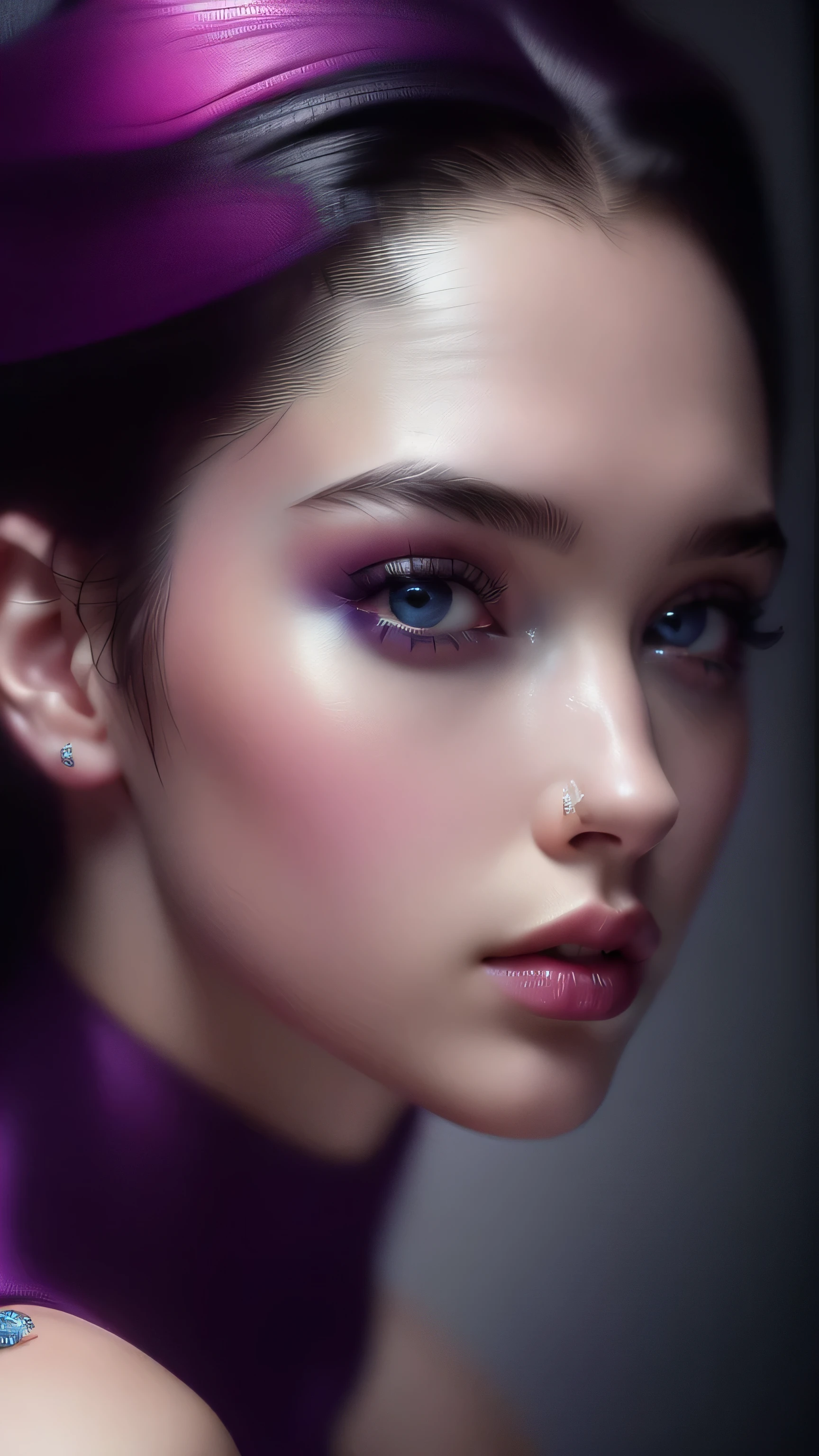 (((ultra realistic))) Photo, masterpiece, top quality, (pale skin), (Ultra detailed face and eyes:1.3), 1 girl, Adult, in a dress, ((Eye makeup, pink mascara)), ((very large detailed lips)), ((Pink волнистые волосы)), ((Stylish hairstyle)) , (Natural breasts), (Slim waist). ((Posing, hands on breast)), photoshoot, (Soft)Lighting, (The play of light and shadows), depth of field, bokeh, (special attention to skin detail: 1.2), Detailed leather texture, skin pores. (Cool atmosphere of the frame. color scheme - black, purple, Pink, Tons), UDR, ((Film grain)), ((rays)), (Glare), ((waist up portrait)) , ultra detialed, 
