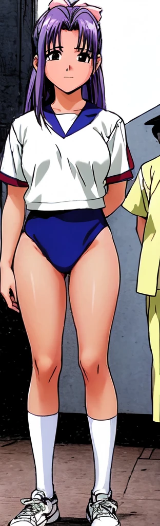 Momoko Koigakubo, a tall girl with beautiful legs, is standing with her legs spread to the sides in a white gym uniform and light navy blue bloomers that look like panties.。