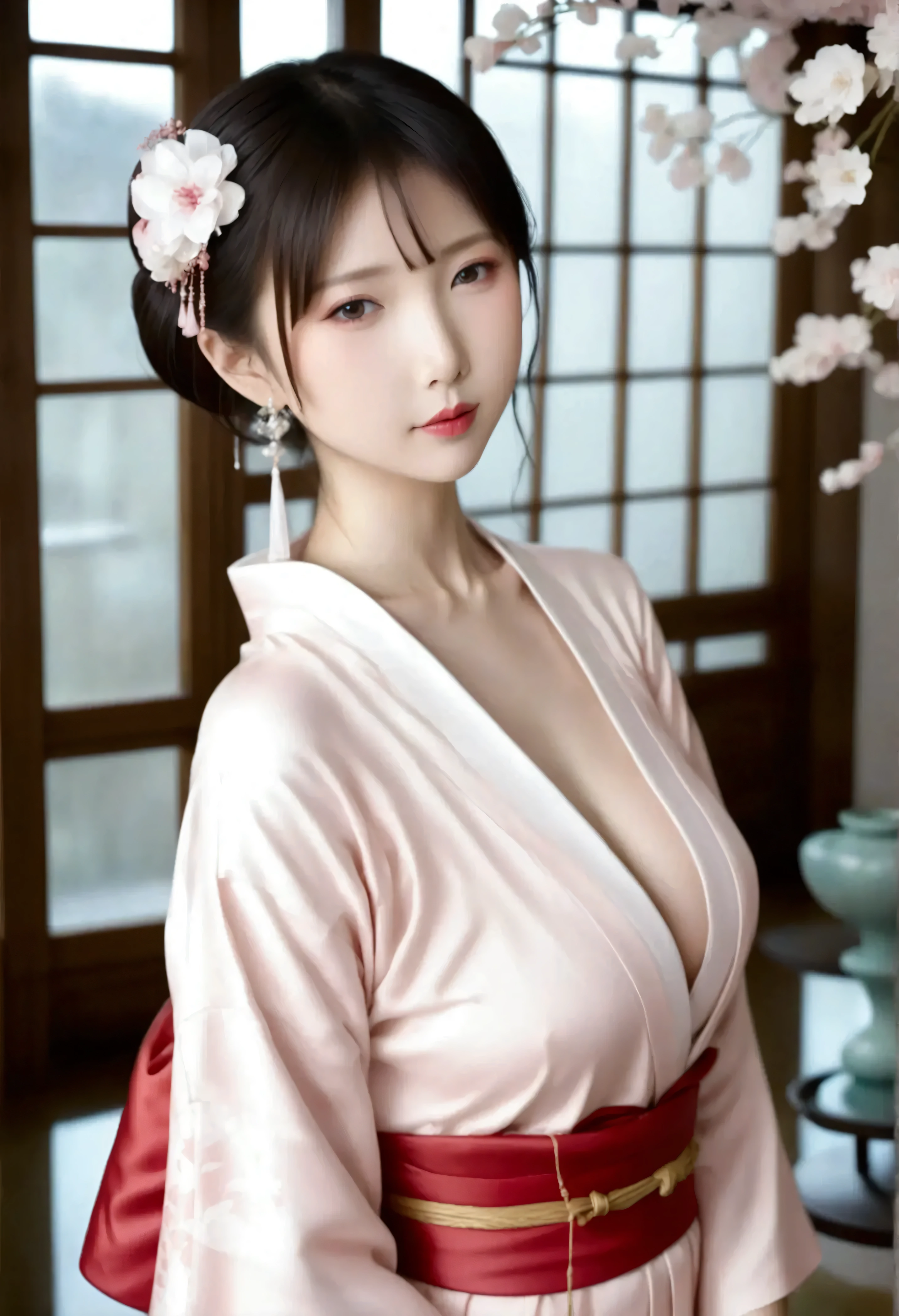 there is a woman wearing kimono dress posing for a picture, charming and sexy geisha, wearing kimono, wearing kimono, japanese goddess, elegant japanese woman, organic seductive geisha, wearing kimono, beautiful geisha, japanese model, Beautiful oriental woman, beautiful fox geisha, japanese woman, japanese, wearing silk robe