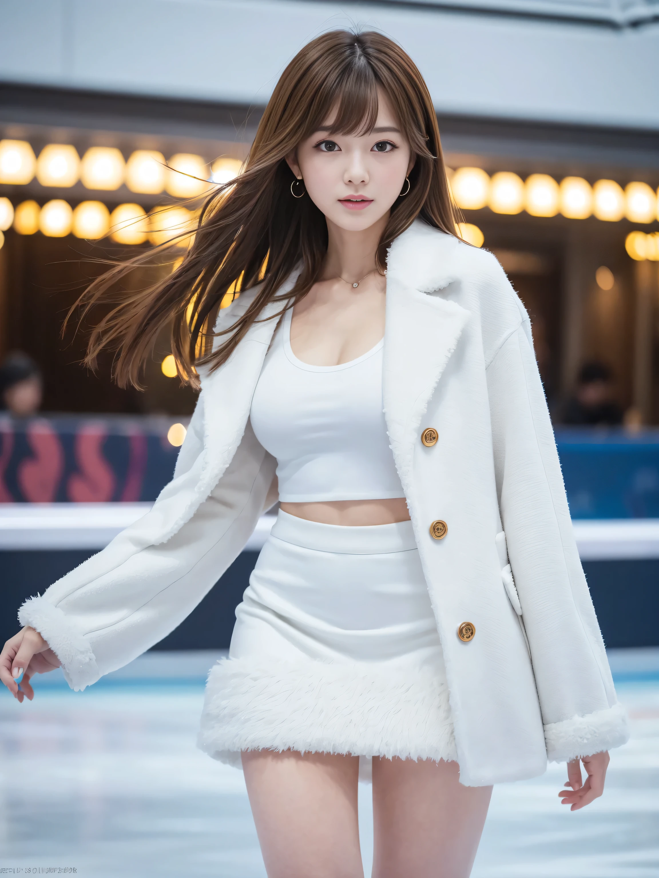 ((best qualtiy,tmasterpiece,超高分辨率)),(realisticlying:1.4),(Korean star poster-like),1girll,From head to knees,Dynamic posture,adult face,Slim,(ssmile),(shiny skins),(contours,frontage,twilight),whaite hair,long whitr hair,黑The eye,(big cleavage breasts),Top fashion,((White plush coat)),Lace,(short skirt),(Heavy snow:1.5,pedestrian street,Chinese-style pavilion),(Clear eyes),(Clear nose),(Clear lips),(Fair skin),(Ultra-realistic textile textures)