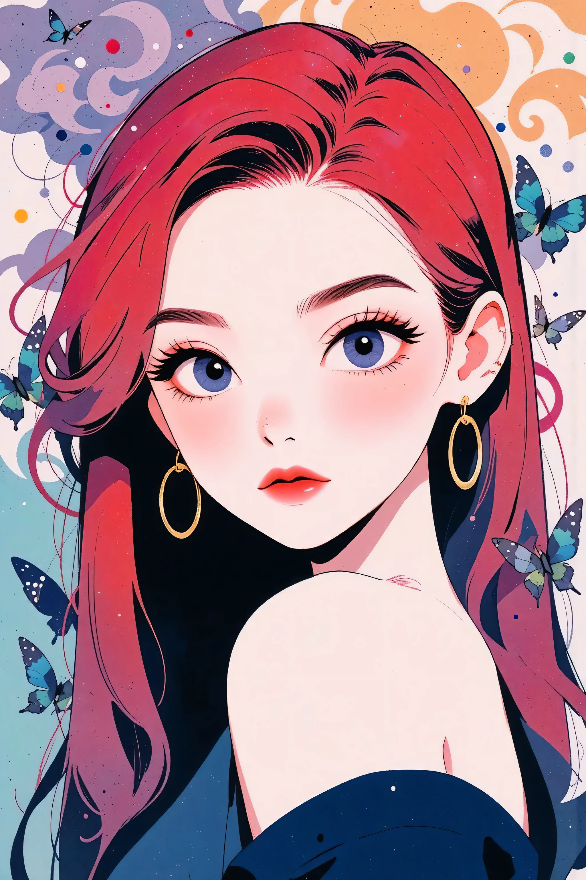 asian high school girl with long straight red hair and a fringe in the middle of the forehead, with big purple eyes and huge eyelashes, Lewd, horny, huge breasts, edgy graphic design with a multi neon colored palette, (sexy pose), seducing camera, big black eyes, ulzzang, portrait, (anime), manga, sexy, Latex, 8k,Highest quality,masterpiece, Sharp focus, solid black background, soft lighting,