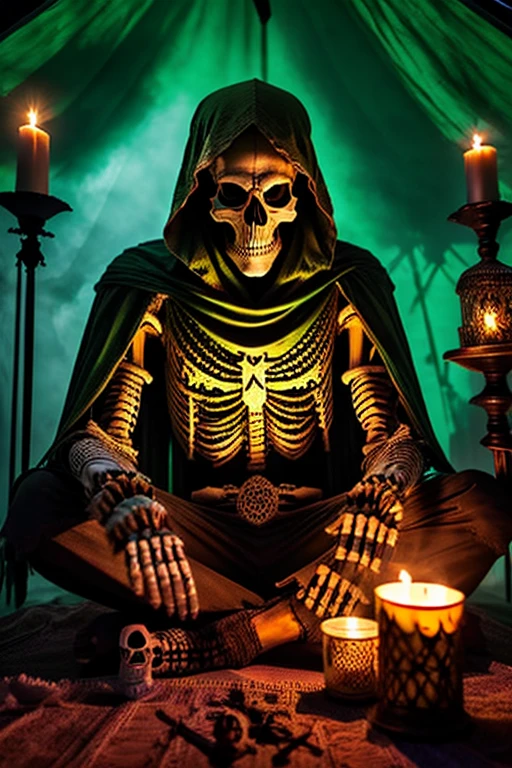 skeleton marabout in a tent, sitting cross-legged shadows, candles, smoke, high contrast, green turbin