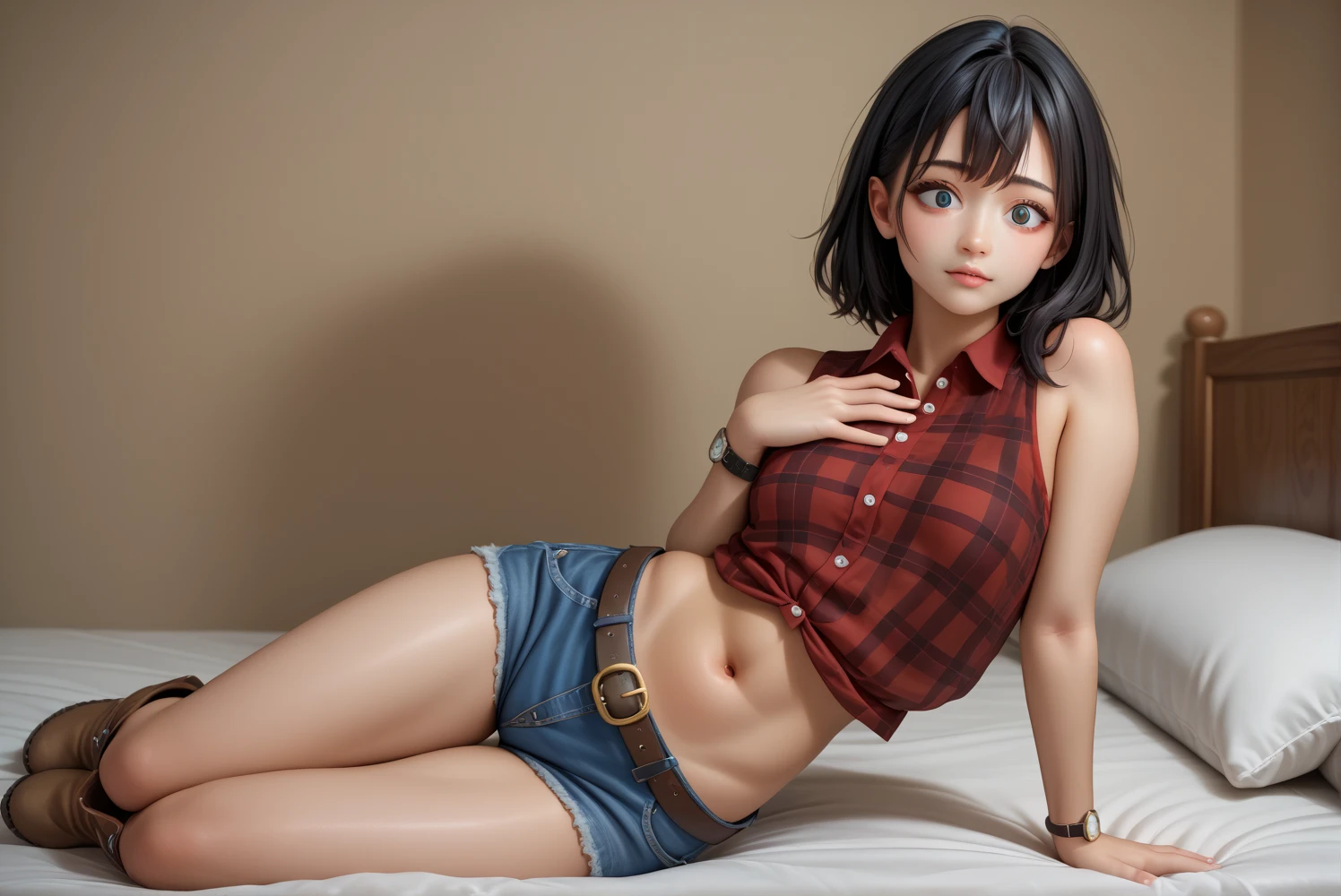 Japanese cowgirl , black hair,Large round eyes , red black plaid sleeveless collared shirt,  denim hot pants,Western Belt, western boots , Wrist Watch ,Navel exposed,Strong drunkard,I'm hiccuping loudly, full body shot,Seduce,Lie on the bed with a pillow on your back,One hand on chest, super high resolution,24K