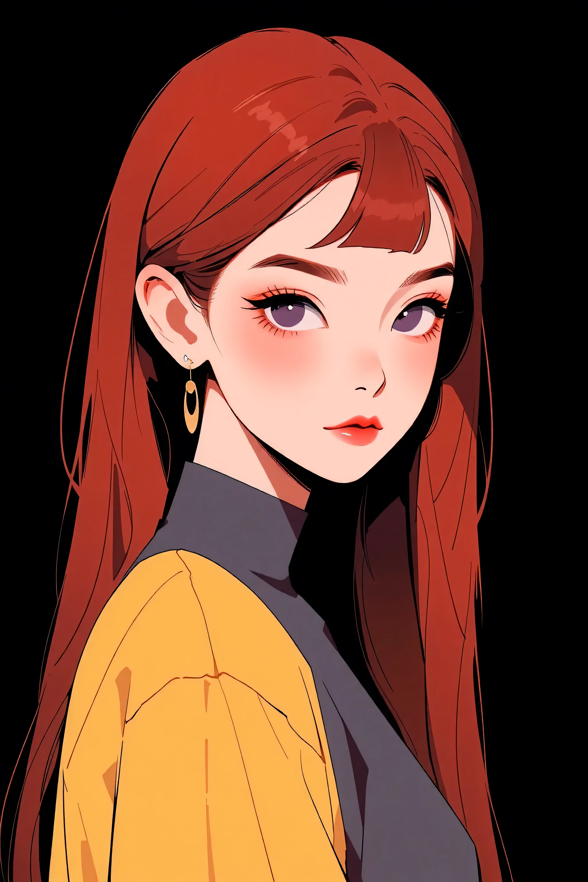 asian high school girl with long straight red hair and a fringe in the middle of the forehead, with big purple eyes and huge eyelashes, Lewd, horny, huge breasts, edgy graphic design with a multi neon colored palette, (sexy pose), seducing camera, big black eyes, ulzzang, portrait, (anime), manga, sexy, Latex, 8k,Highest quality,masterpiece, Sharp focus, solid black background, soft lighting,