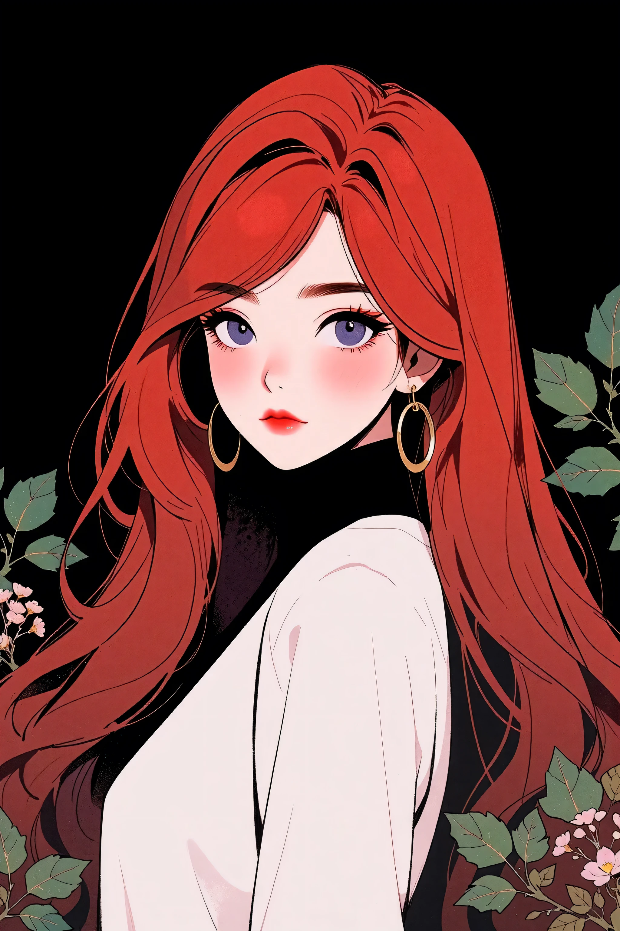 asian high school girl with long straight red hair and a fringe in the middle of the forehead, with big purple eyes and huge eyelashes, Lewd, horny, huge breasts, edgy graphic design with a multi neon colored palette, (sexy pose), seducing camera, big black eyes, ulzzang, portrait, (anime), manga, sexy, Latex, 8ｋ,Highest quality,masterpiece, Sharp focus, solid black background, soft lighting, 
