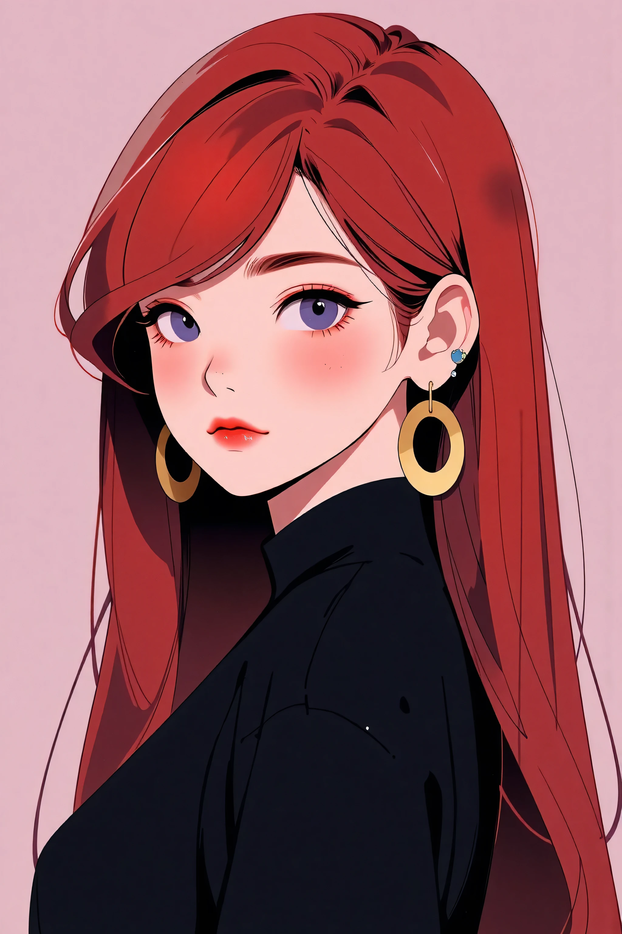 asian high school girl with long straight red hair and a fringe in the middle of the forehead, with big purple eyes and huge eyelashes, Lewd, horny, huge breasts, edgy graphic design with a multi neon colored palette, (sexy pose), seducing camera, big black eyes, ulzzang, portrait, (anime), manga, sexy, Latex, 8k,Highest quality,masterpiece, Sharp focus, solid black background, soft lighting,