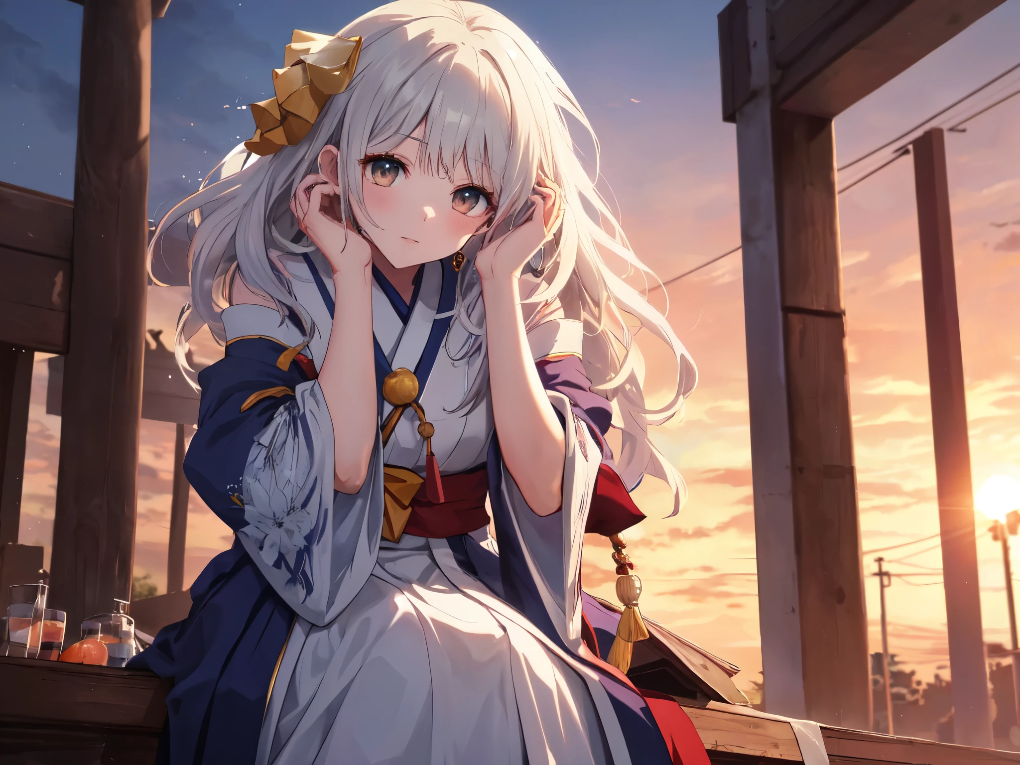 Solo, 1 Girl, (Human Ear, Earring), (Long Hair, Hair Accessory), (Anime Face), (Woman Sitting, Hands on Head), (Red and White Shrine Maiden Outfit), (Sunset Sky, Sunset Sun, Evening Sky), (Focus on Chest, Oblique Angle), (High Resolution, Masterpiece, Accurate, Anatomically Correct, Multiple Awards, Top Quality, Detailed, High Quality Model, High Quality, Quality, Retina, Highly Detailed, Textured Skin, Ultra High Resolution).