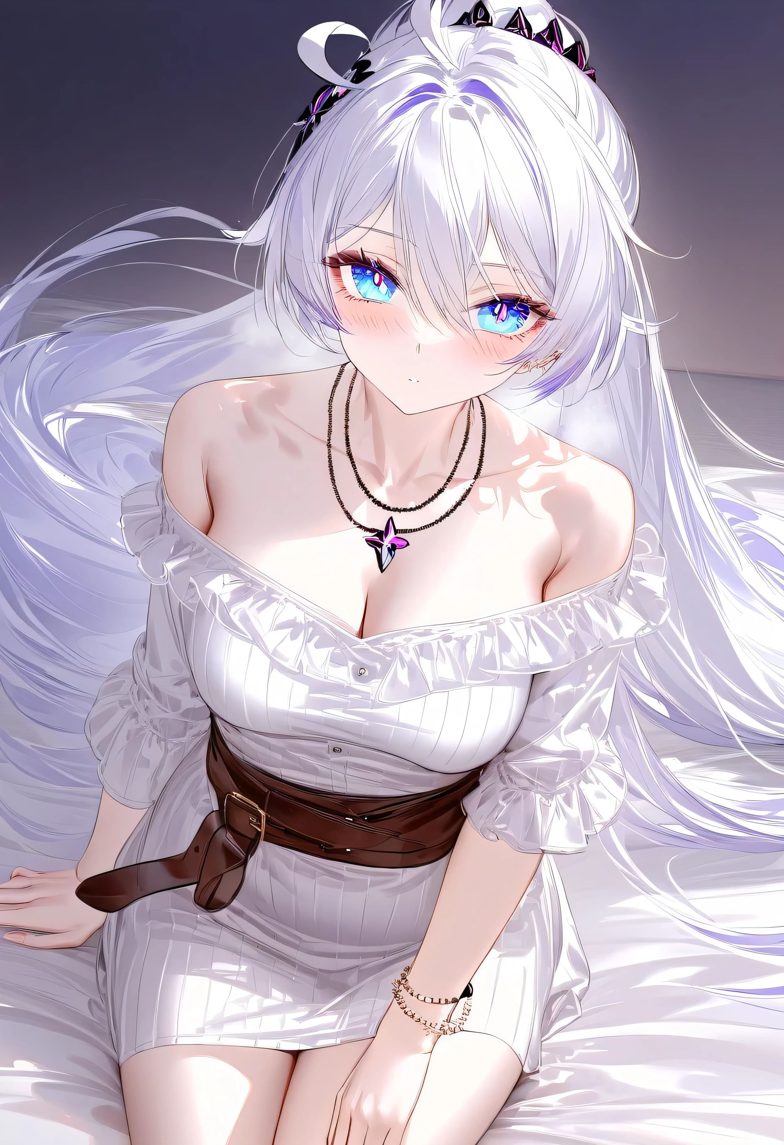 RAR, score_9, score_8_up, score_7_up, masterpiece, best quality, absurdres, vibrant, highly detailed, 1girl, adult grown woman, kiana kaslana \(honkai impact 3rd\), herrscher of finality, white hair, ahoge, ponytail, very long hair, blue eyes, symbol-shaped pupils, blush, heavy breathing, modern casual outfit, off-shoulder white blouse with flared sleeves, light blue asymmetrical skirt with vertical stripes, wide brown leather belt with metallic buckle, minimalist gold necklace, simple pearl bracelet, delicate and understated accessories, sitting on bed, sitting, bed, night time