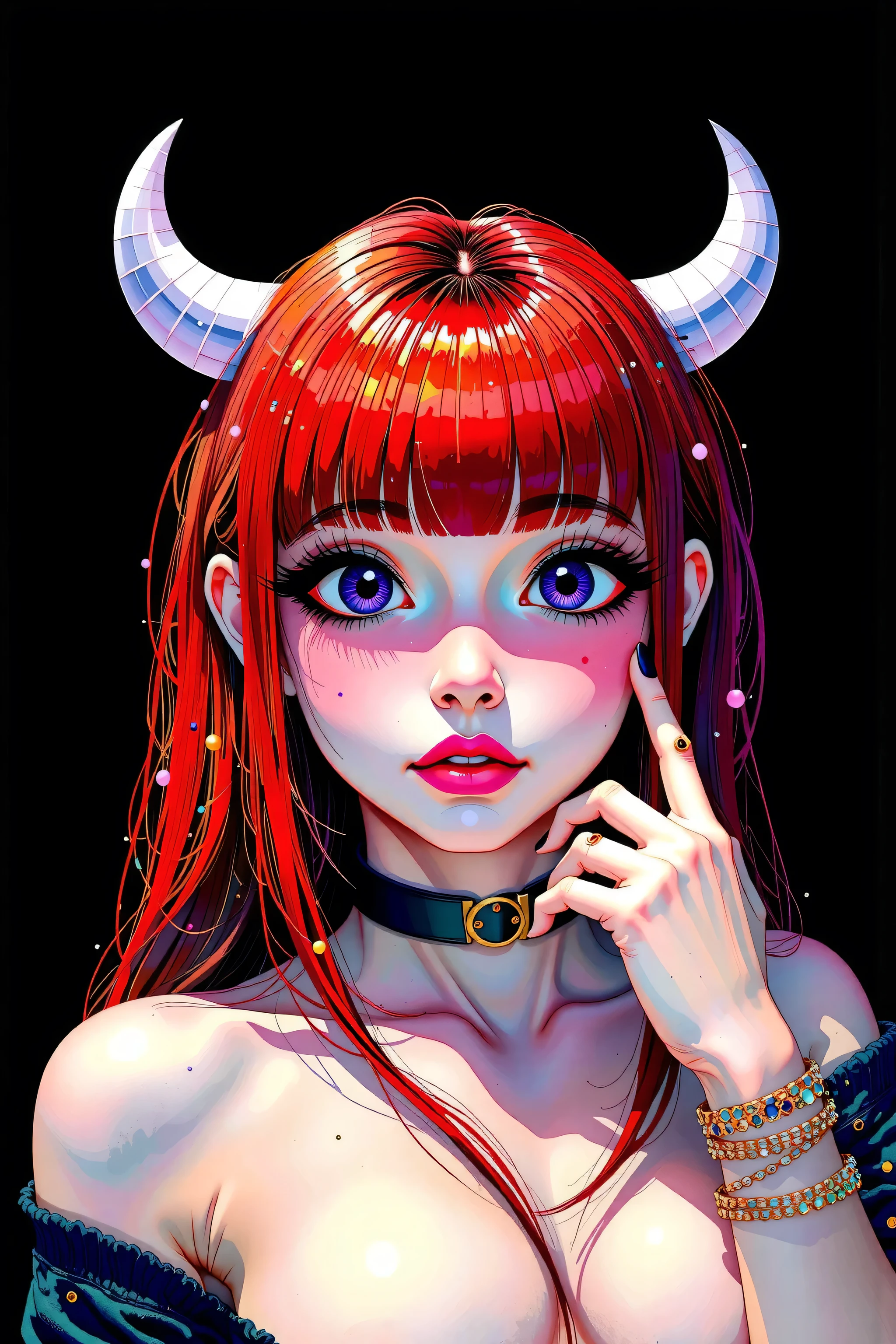 asian high school girl with long straight red hair and a fringe in the middle of the forehead, with big purple eyes and huge eyelashes, Lewd, horny, huge breasts, edgy graphic design with a multi neon colored palette, (sexy pose), seducing camera, big black eyes, ulzzang, portrait, (anime), manga, sexy, Latex, 8ｋ,Highest quality,masterpiece, Sharp focus, solid black background, soft lighting, 
