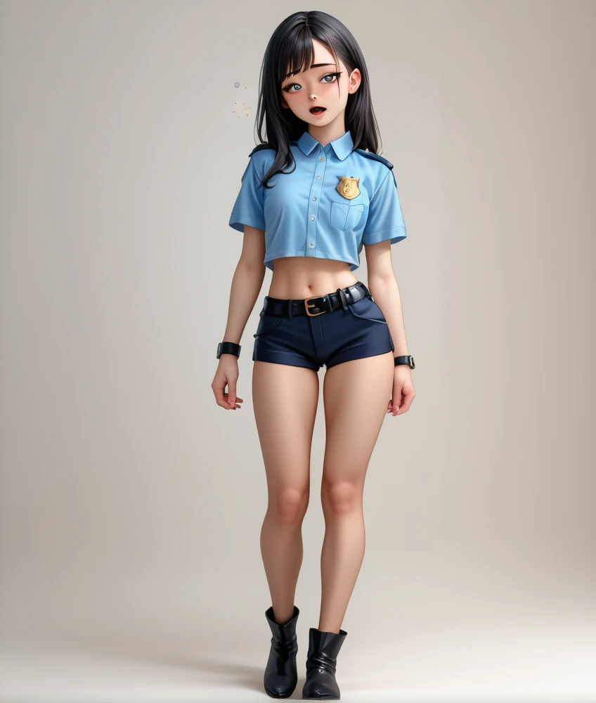 Japanese female police officers, black hair,Large round eyes , slender body , black short sleeve police shirt, black hotpants standing on the right ,black police belt , black short boots , Wrist Watch ,Navel exposed,Drunk,hiccup, Full Body Shot , open your eyes, stand embarrassingly on a Japanese high school girl, super high resolution,24K, Unmanned White Background 