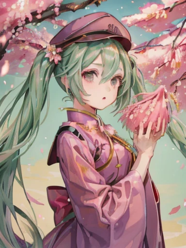 ((  Masterpiece    )), ((( top quality))), ((  very detailed )),   colorful  , Light green hair，  is high definition ,   1 girl, Alone,((  pink)), 千本cherry blossoms_(  vocaloid  ),    upper body,Golden Ratio， ，  Flower blowing snow ，cherry blossoms，