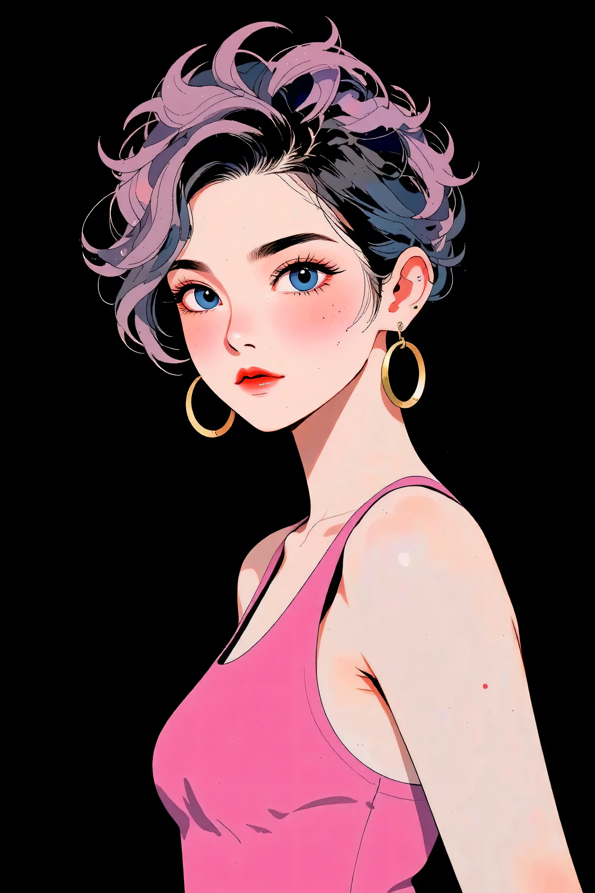 generates a real front image of a  Korean girl with short, spiky hair, some pink locks and metal style, big breasts, cleavage, tight pink tanktop, black background