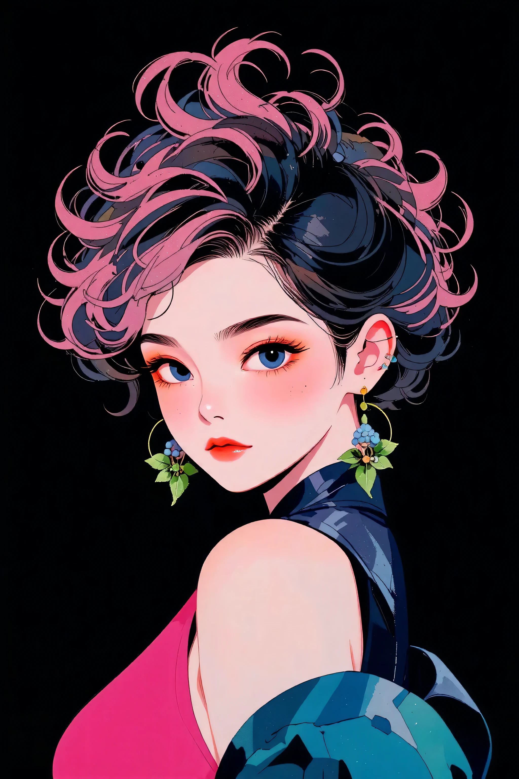 generates a real front image of a  Korean girl with short, spiky hair, some pink locks and metal style, big breasts, cleavage, tight pink tanktop, black background