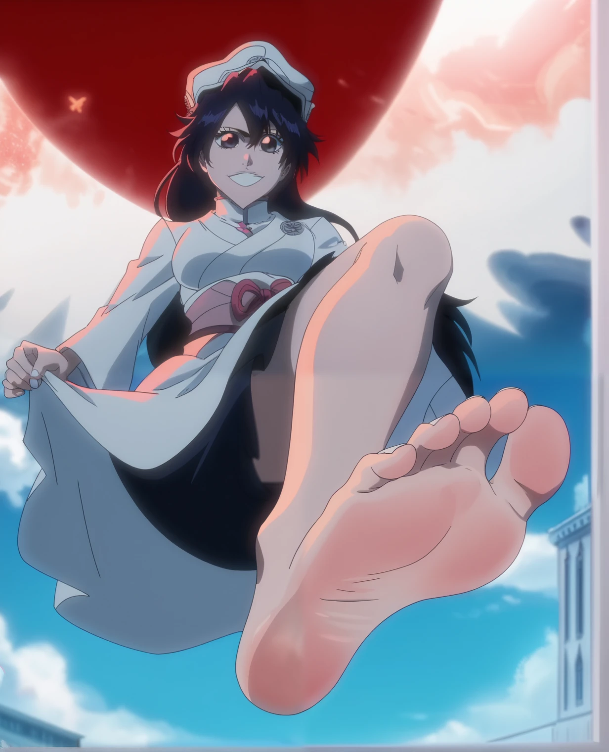 Score_9, score_8_up, source_anime, 1girl, Bambietta Basterbine, Bleach, big eyes, alone, looking at viewer, in the city, floating in the sky, night, red sky, white miniskirt, lifting legs to show her soles, cowboy shot, ANIME SCREENCAP, anime coloring, barefoot, perfect feet, anatomically correct, soles, focal length 35mm, each foot has five toes, front, symmetrical soles, foot focus, flirty gaze, flirty smile, white nail polish, low angle