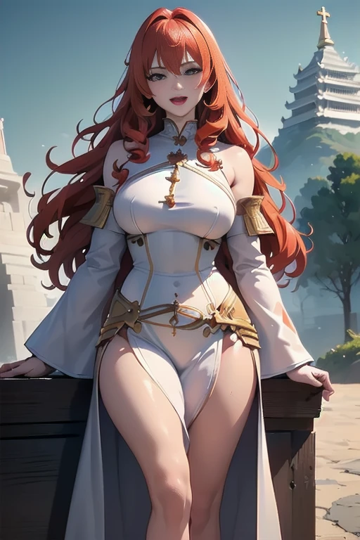Curly and red hair、hime-cut、Girl with golden eyes、View of the crotch from below、flat chest、Thin pubic hair、Beautiful open legs、white military uniform