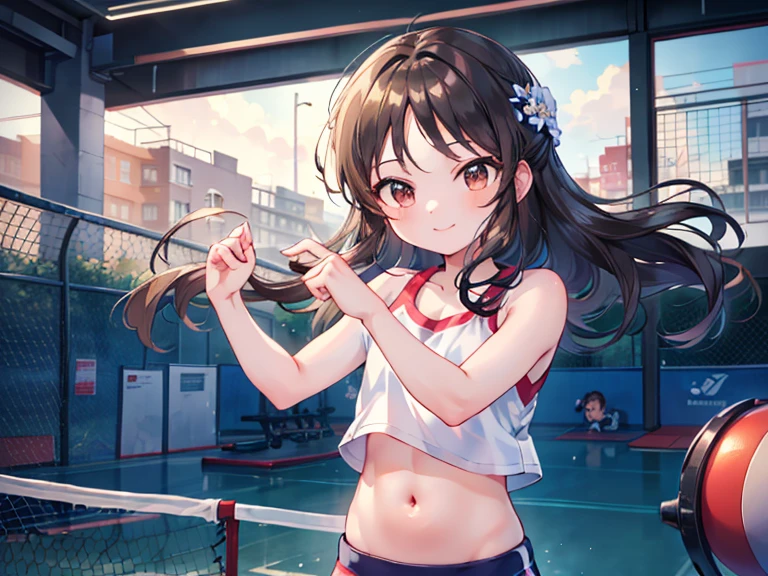 (Superflat, Flat Shading, flat-colors:1.1)、(Magazine Cover)、Illustrations、(one asian boyish girl)、(cute little:1.2)、very beautiful 20 year old cartoon girl、Great smile、cheeks are reddened、(High Detail Skin: 1.2)、photorealistic anime girl render、realistic anime 3 d style、cute littleボブカット、Twin-tailed、Beautiful brown hair、Intense black eyes、Strong highlights of the eyes、((Oiled naked、accurate big breasts、erectile nipple、Sports underwear))Perfect Anatomy、hair messy、Pretty underwear、((Tight white tennis uniform with midriff、Supple and thin fabric))、((White miniskirt with flared hem))、Detailed panties、Sportswear、sneakers、(Play tennis、At the tennis court)、Tennis Stadium、Volumetric lighting、Soft light、Vibrant colors、watercolor paiting、