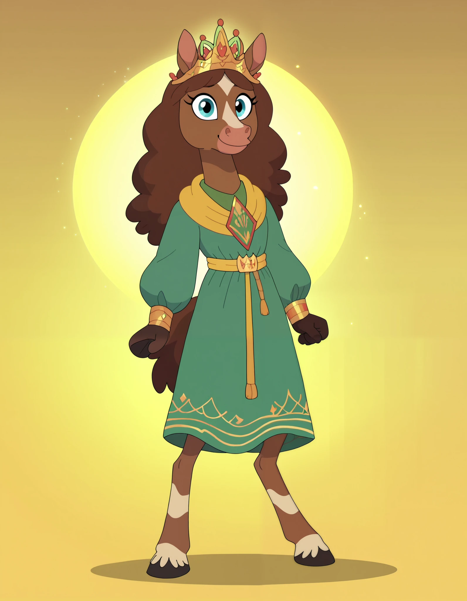 SHAMPSTYLE,, solo, anthropomorphic horse, 1 girl, furry female, furry horse, light brown fur, blue eyes, long snout, dark brown mane, green clothes with large yellow stripe, crown, full body, fullbody