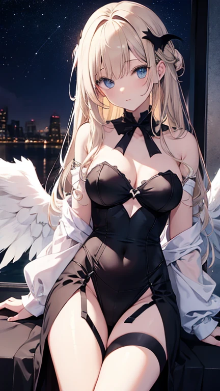 Official art, masterpiece, sharp focus, (beautiful gorgeous and cute European angel: 1.3), (beautiful and cute Chinese: 1.3), six-winged angel with light blonde hair, wearing bikinis, thongs and stockings, many beautiful tattoos on the upper body, huge breasts, delicate and beautiful hair that reaches the ground, six pairs of wings, the whole person floats in the air, looking down, exuding light. Beautiful eyes and face, realistic, super detailed, beautiful girl, fine light rain, wet clothes, glowing white particles, (sidelighting: 1.2), night starry sky, detailed starry sky and moon, slender, cute big breasts and huge buttocks, smile without showing teeth ((laughing with eyes open)), landscape, long straight hair, sexy facial expressions, gorgeous auditorium in the background, damp clothes clinging to the curves of the body, (cityscape:1.7), dynamic hair, long straight hair, Delicate colored hair, glowing heterochromic pupils, black stockings, pale skin, hair accessories, epic landscapes, collars and hair accessories, hair is particularly long