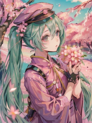 ((  Masterpiece    )), ((( top quality))), ((  very detailed )),   colorful  , Light green hair，  is high definition ,   1 girl, Alone,((  pink)), 千本cherry blossoms_(  vocaloid  ),    upper body,Golden Ratio， ，  Flower blowing snow ，cherry blossoms，