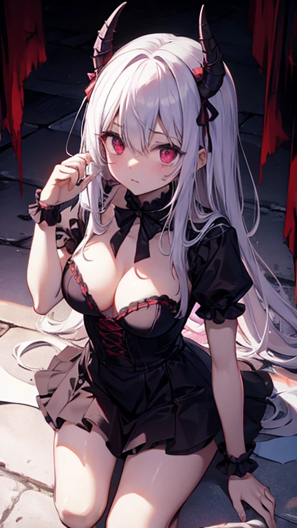 ((ultra detailed, exquisite quality, absolutely resolution)), (anime moe art style:1.3), (((young face solo Vampire girl))), ((Sexy and super cute red and black dress with ribbon and ruffles), (vampire dress), lace lingerie, (huge breasts), breasts cleavage, (hair silver hair), (((long twintails:1.5))), fluffy Expressive twintails, kawaii face, ((embarrassed face, in heat)), backlighting, particle effect, caustics, super detailed skin, (hyper detail delicate eyes), (eyes red eyes), (looking down, from below:1.3), full body, (Holds big grim:1.5), (acrobatic pause, dynamic pause, dynamic angle, dach angle:1.5), (upskirt:1.5), A blood moon, (magic circle:1.5), (moon light:1.3),  