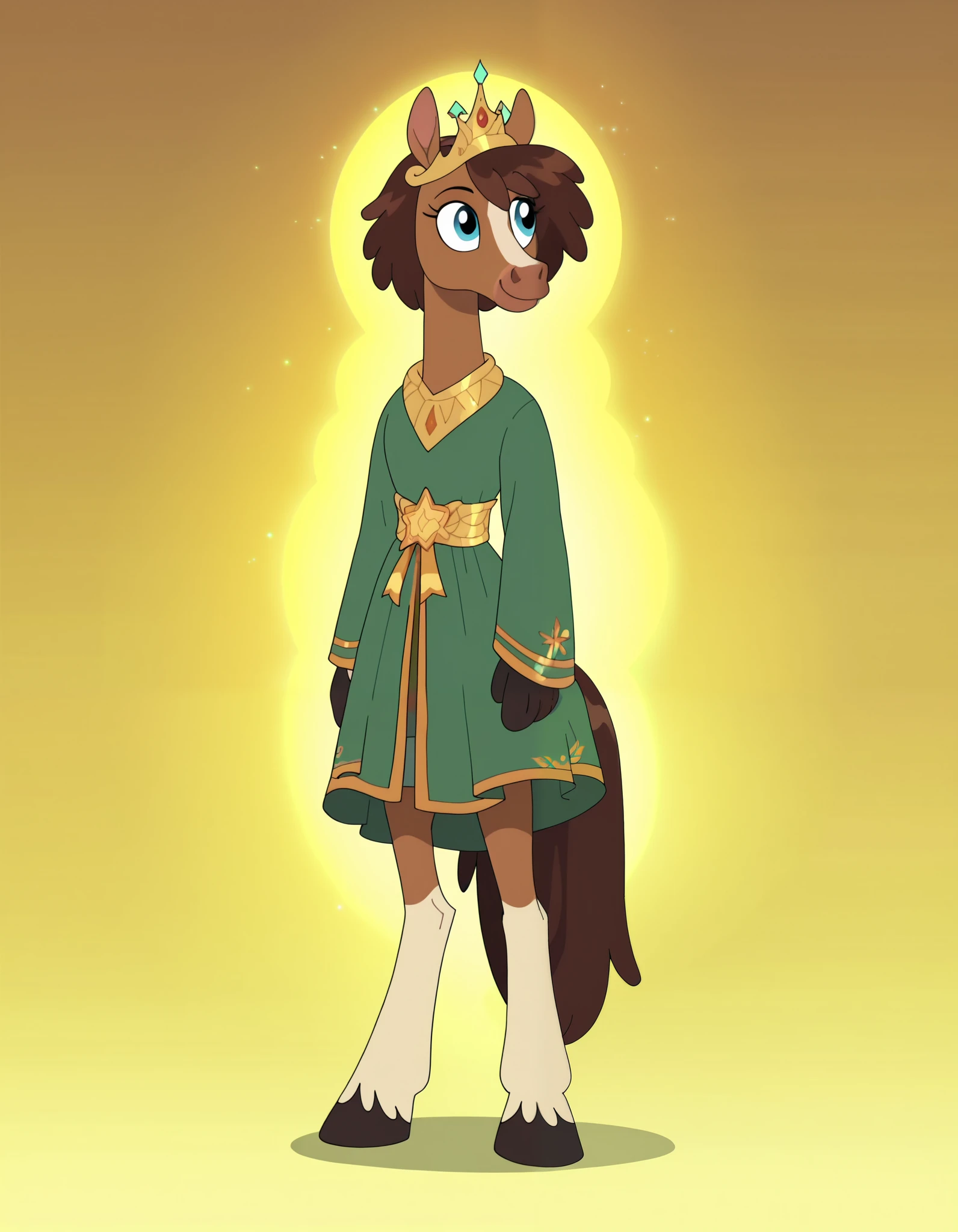 SHAMPSTYLE,, solo, anthropomorphic horse, 1 girl, furry female, furry horse, light brown fur, blue eyes, long snout, dark brown mane, green clothes with large yellow stripe, crown, full body, fullbody