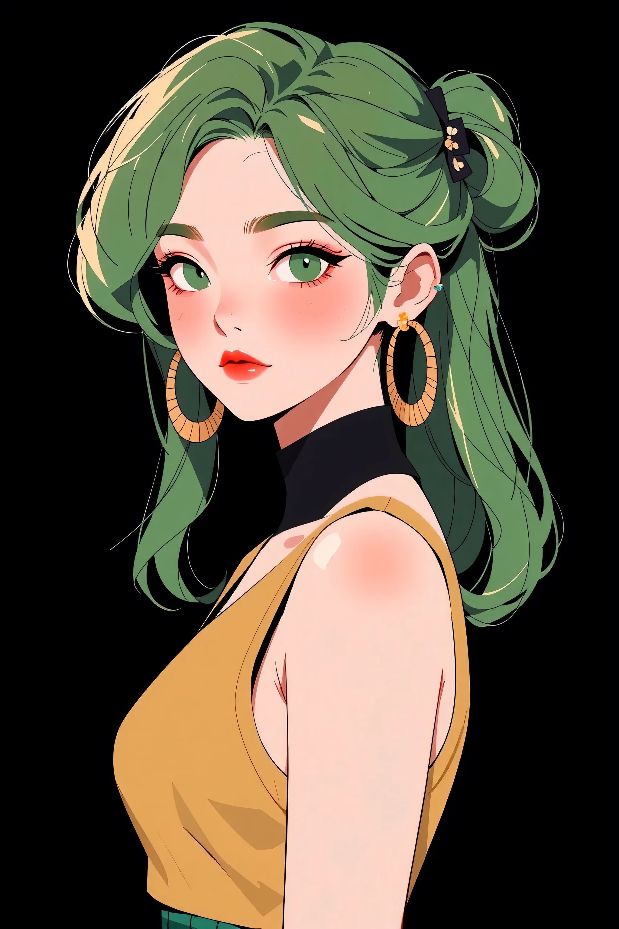 1girl, sexy asian girl, pigtails, cute face, gorgeous, cute, pretty, pretty face, pale skin, freckles, green hair, gold eyes, full shiny lips, big lips, thick lips, parted lips, light pink lipgloss, mascara, skinny thighs, body, , innocent look, young face, black choker, large hoop earrings, green and gold plaid micro skirt, off shoulders gold tank top, arms behind back, huge breasts, cleavage, black background,