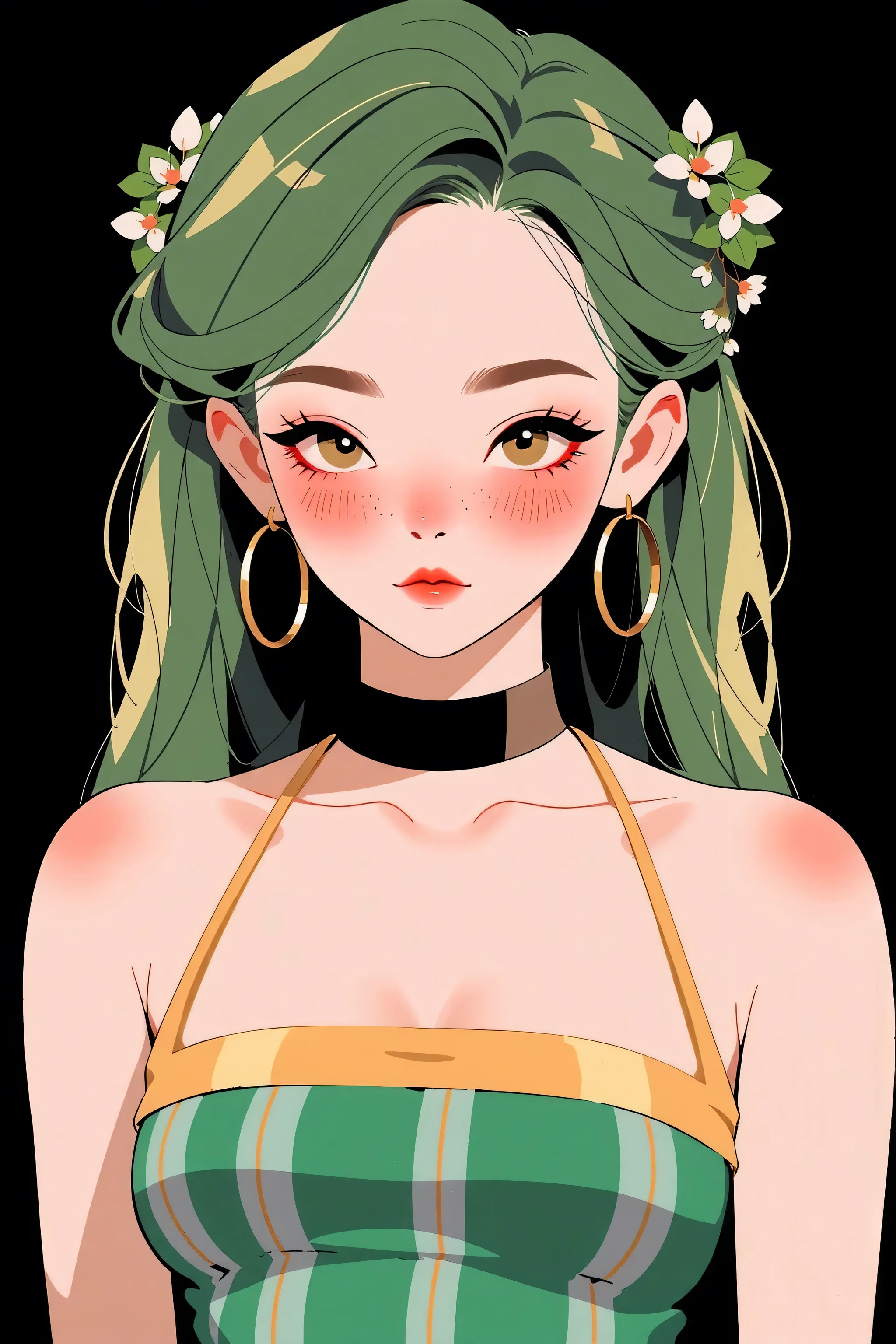 1girl, sexy asian girl, pigtails, cute face, gorgeous, cute, pretty, pretty face, pale skin, freckles, green hair, gold eyes, full shiny lips, big lips, thick lips, parted lips, light pink lipgloss, mascara, skinny thighs,  body, ,  innocent look, young face, black choker, large hoop earrings, green and gold plaid micro skirt, off shoulders gold tank top, arms behind back, huge breasts, cleavage, black background, 
