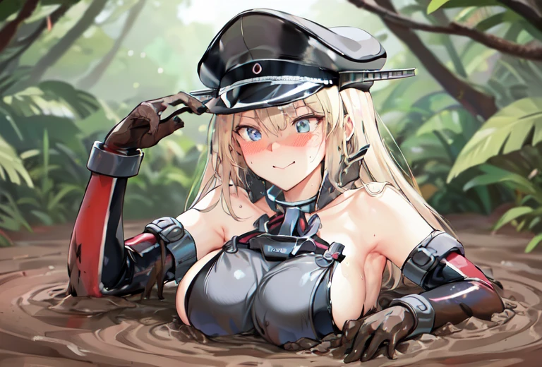 NSFW, looking down, score_7_up, score_8_up, score_9_up, bismarck (kantai collection), 1girl, bigger female, blonde hair, blue eyes, looking at viewer, peaked cap, sleeveless shirt, detached sleeves, anchor ornament necklace, smile, big breasts, metal collar, brown gloves, source_anime, (jungle:1.2), (blushing), looking down, jungle blurry background depth of field, source_furry, very black mud, mud, arms stuck in very black mud, up to breasts in very black mud, moaning, large breasts, blushing, shortstack figure, very black mud pushing up breasts, sinking in very black mud, raised eyebrows, anime face, displaying, cute face, (mud:1.5), seductive smile, (blush:1.5)