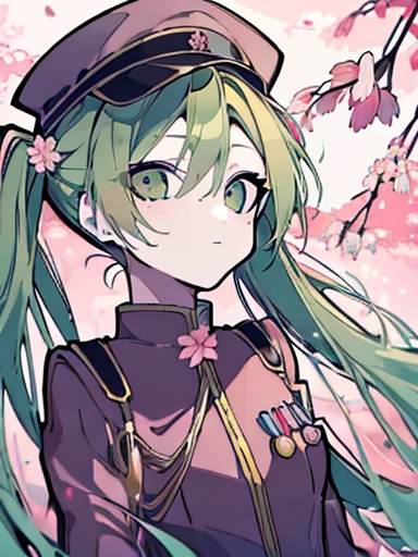 ((  Masterpiece    )), ((( top quality))), ((  very detailed )),   colorful  , Light green hair，  is high definition ,   1 girl, Alone,((  pink)), 千本cherry blossoms_(  vocaloid  ),    upper body,Golden Ratio， ，  Flower blowing snow ，cherry blossoms，