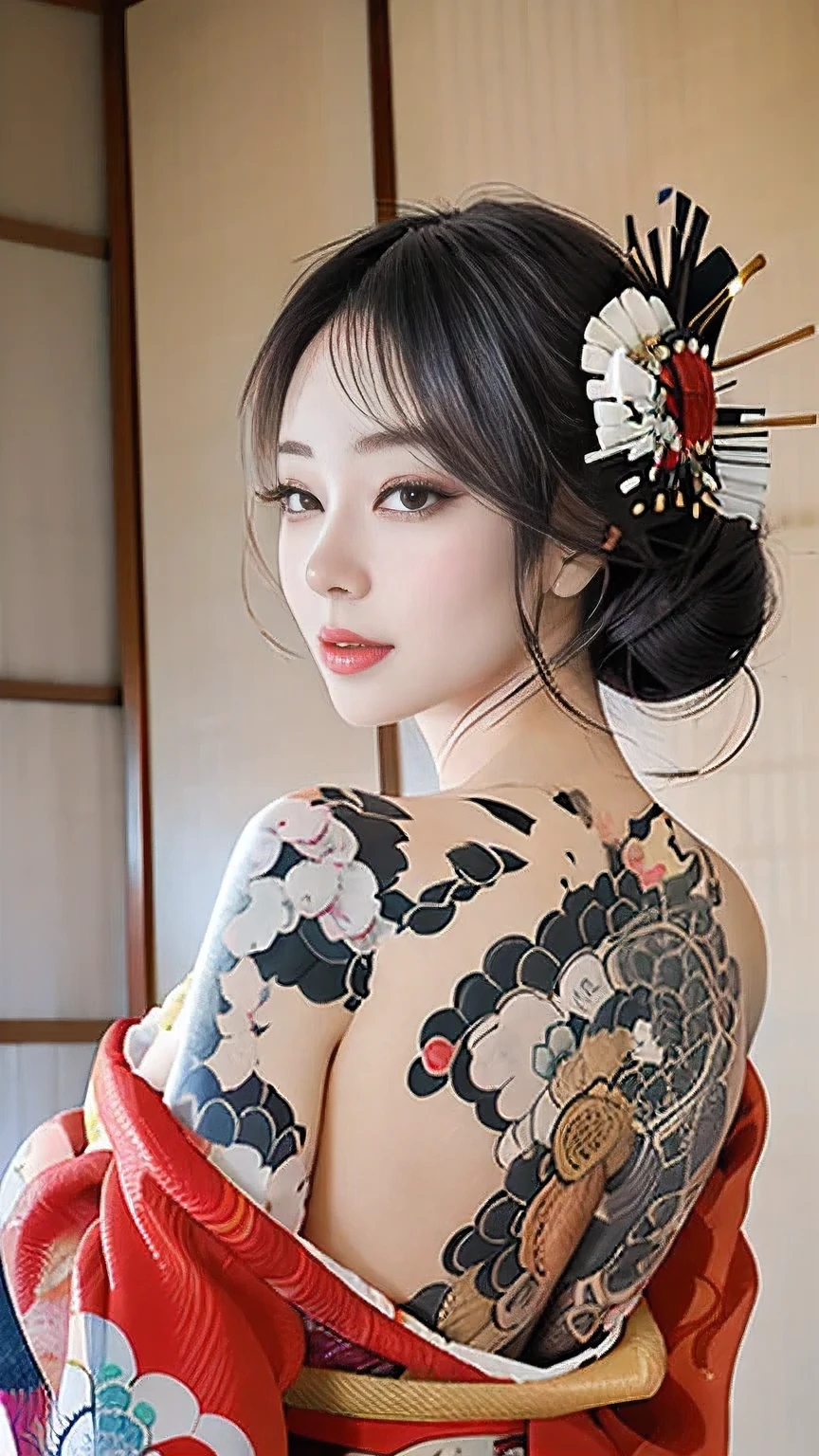  greatest masterpiece、 top quality、 photorealistic stick:1.8、Realism:2.0、8K wallpaper、Realistic、1 Girl、 female in her 20s、(Smile、Japanese old hairstyles 、Geisha hairstyle、 black hair、 dark eyes)、 looking at camera、 Japanese girls、 beautiful woman、、 detailed eyes and lips、 beautiful eyes、Sensual body lines、Big Breasts:1.8、 big breasts:1.8、 big butt、(( ashamed)、 dynamic pose、(( ashamed)、Close-up from behind、Japanese tattoo on back 、 show me your back、turn around、 bedroom、(japanese GEISHA、 kimono、 Japanese Kimono、 kimono)))