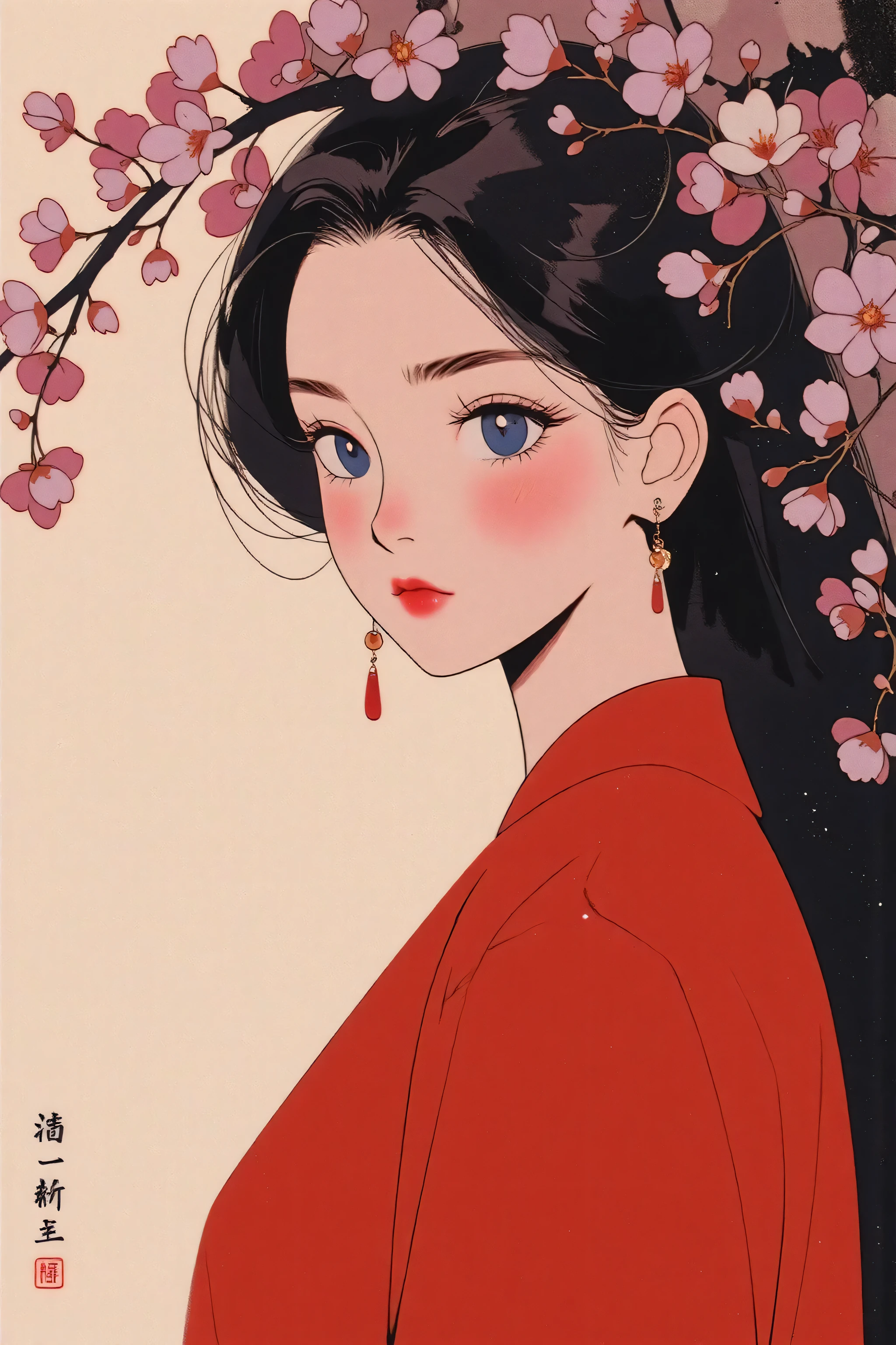 Ink Painting、Old paper texture、Damaged Paper、Old style、Faded colors、Close-up of face、A painting in which only the courtesan&#39;s eyes are visible as cherry blossoms fall across the entire screen、cleavage, Blurred Painting