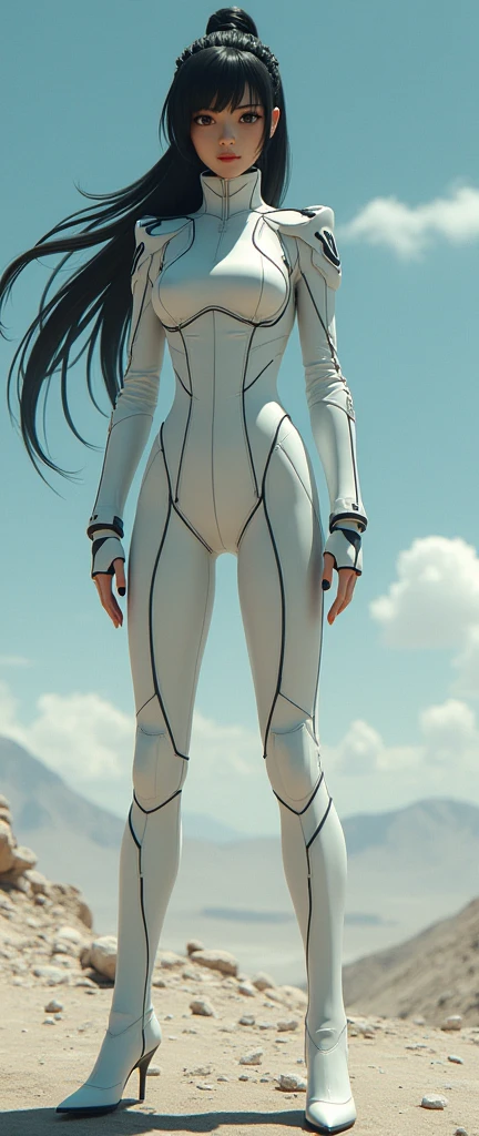 Barefoot anime woman in elastic space jumpsuit fully handcuffed amd legcuffed walking