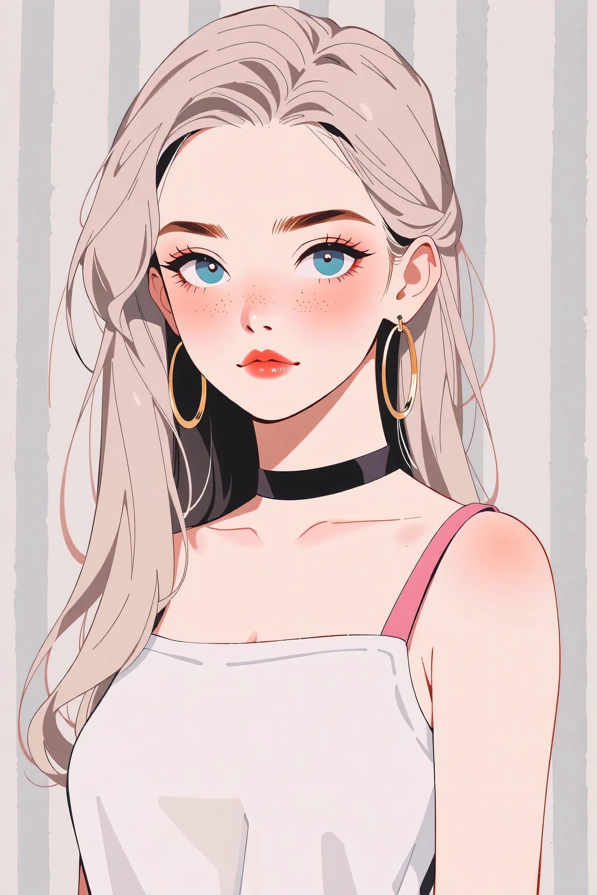 1girl, sexy girl, pigtails, cute face, gorgeous, cute, pretty, pretty face, pale skin, freckles, blond hair, blue eyes, full shiny lips, big lips, thick lips, parted lips, light pink lipgloss, mascara, skinny thighs, body, , innocent look, young face, pink long nails, black choker, large hoop earrings, pink plaid micro skirt, off shoulders white tank top, arms behind back, huge breasts, cleavage,