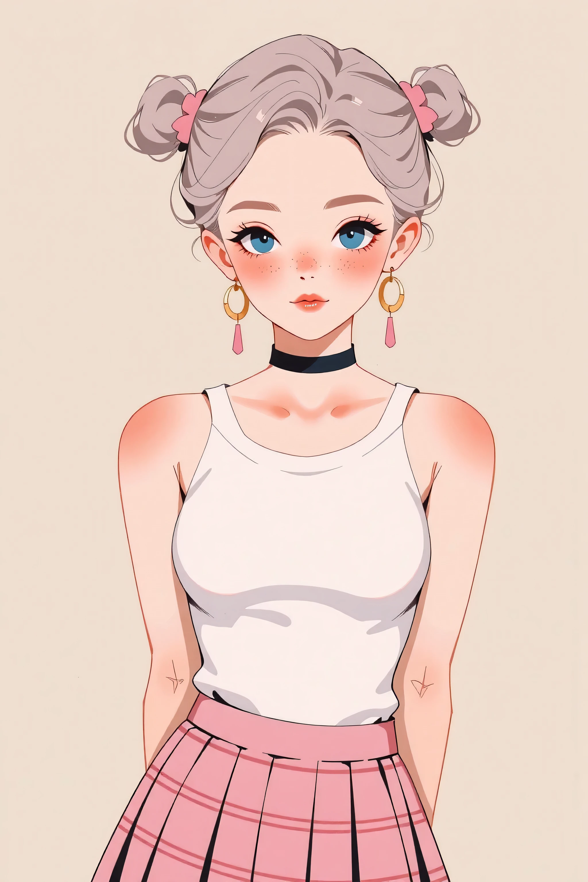 1girl, sexy  girl, pigtails, cute face, gorgeous, cute, pretty, pretty face, pale skin, freckles, blond hair, blue eyes, full shiny lips, big lips, thick lips, parted lips, light pink lipgloss, mascara, skinny thighs,  body, ,  innocent look, young face, pink long nails, black choker, large hoop earrings, pink plaid micro skirt, off shoulders white tank top, arms behind back, huge breasts, cleavage, 

