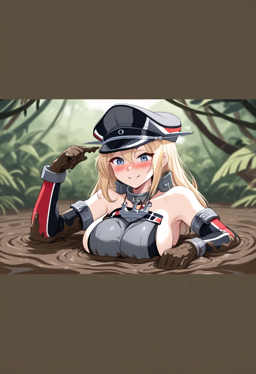 NSFW, looking down, score_7_up, score_8_up, score_9_up, bismarck (kantai collection), 1girl, bigger female, blonde hair, blue eyes, looking at viewer, peaked cap, sleeveless shirt, detached sleeves, anchor ornament necklace, smile, big breasts, metal collar, brown gloves, source_anime, (jungle:1.2), (blushing), looking down, jungle blurry background depth of field, source_furry, very black mud, mud, arms stuck in very black mud, up to breasts in very black mud, moaning, large breasts, blushing, shortstack figure, very black mud pushing up breasts, sinking in very black mud, raised eyebrows, anime face, displaying, cute face, (mud:1.5), seductive smile, (blush:1.5)