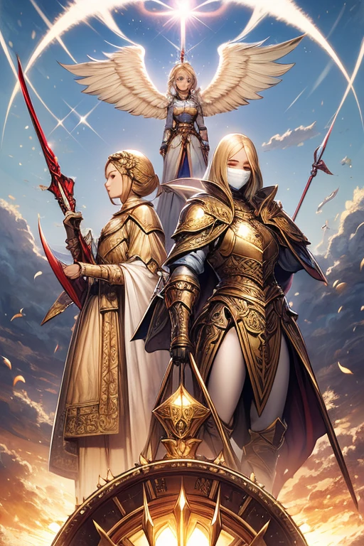 Group of female angels, short blonde hair covering their faces. Wearing armor; holding divine spears.