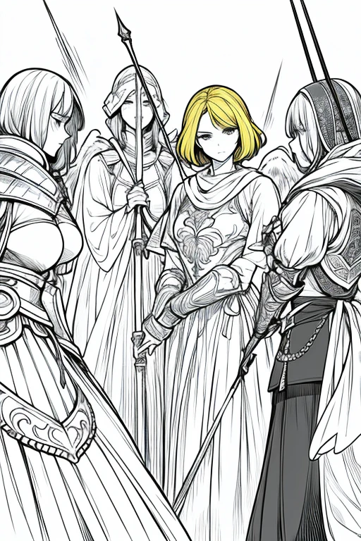 Group of female angels, short blonde hair covering their faces. Wearing armor; holding divine spears.