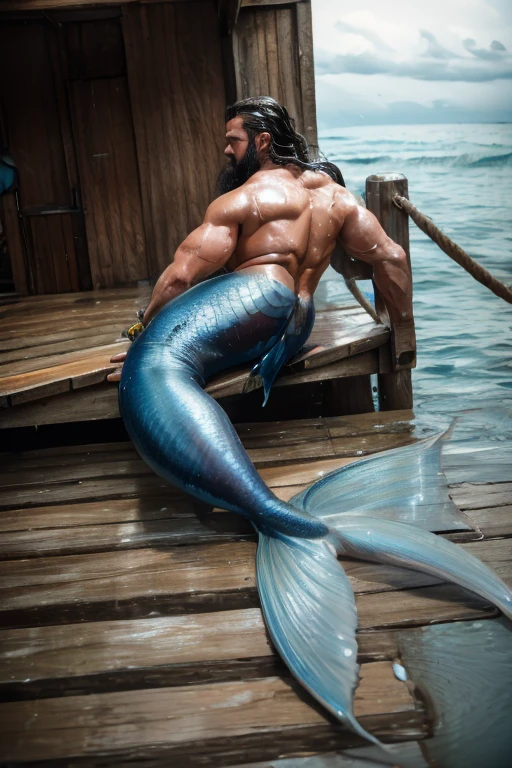 Muscular wet man with blue muscular mermaid tail instead of legs. Lying tired and sleeping on wood ship. Wet body. metal chains. It is oiled ,  cracked and greasy .  It is very much oiled and wet. back , ass. black long hair, black long beard. It's raining , raining.