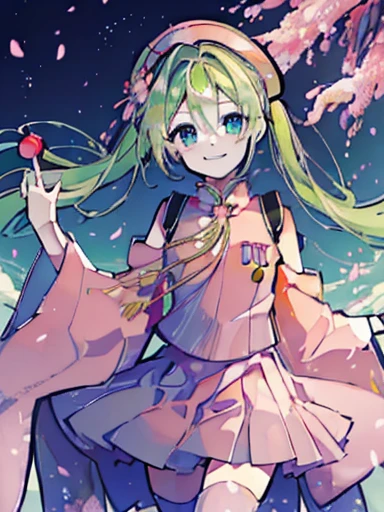 ((  Masterpiece    )), ((( top quality))), ((  very detailed )),   colorful  , Light green hair，  is high definition ，angle（0.8）,   1 girl, Alone,((  pink)), 千本cherry blossoms_(  vocaloid  ), Golden Ratio，Japanese style circle ，  Flower blowing snow ，cherry blossoms，sing，Having fun，smile，