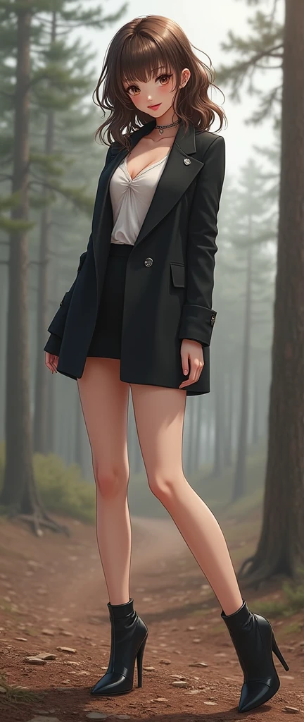 Wearing small brown boots,Slender thighs