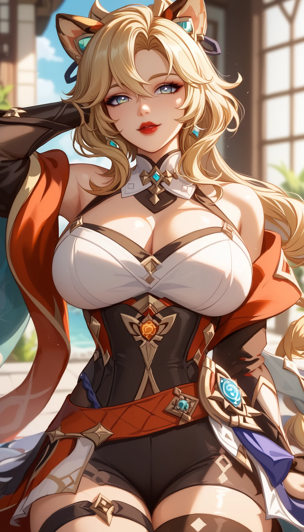  perfect eyes、 perfectly sexy face、 ultra detailed、ultra perfect eyes、 animal ears 、xilonen、ocelot、Genshin Impact、 blonde hair 、shiny hair、( Big breasts ), showing cleavage、Tight Waist、 thin waist 、May、 Thigh straps 、 shiny skin、Beleza、erotic、 red lips 、series、 looking at the spectator、