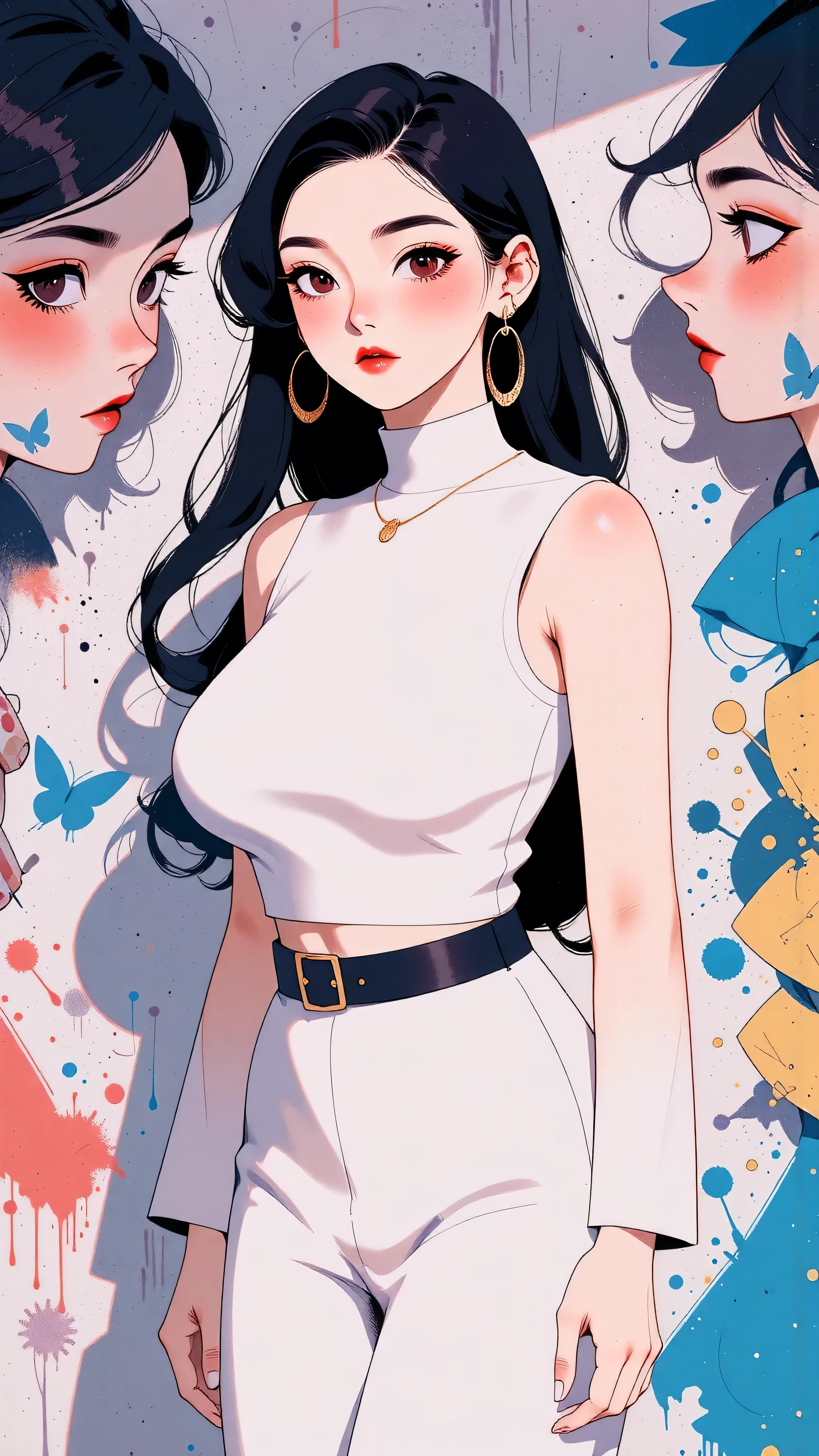 (masterpiece, best quality:1.4), official art, absurdres, vivid colors, girl, asian , beautiful eyes, tight crop top, tight pants, choker, (splash ink, graffiti on wall:1.2), navel, slender, standing, from below, cowboy shot, small waist, thick thighs, (arch back, perky butt:0.6), sharp focus, dynamic lighting, cinematic lighting, dramatic shadow, highres, ultra detailed, finely detail, extremely detailed, detailed eyes and face, sharp pupils, realistic pupils, simple background, big breasts, cleavage, 