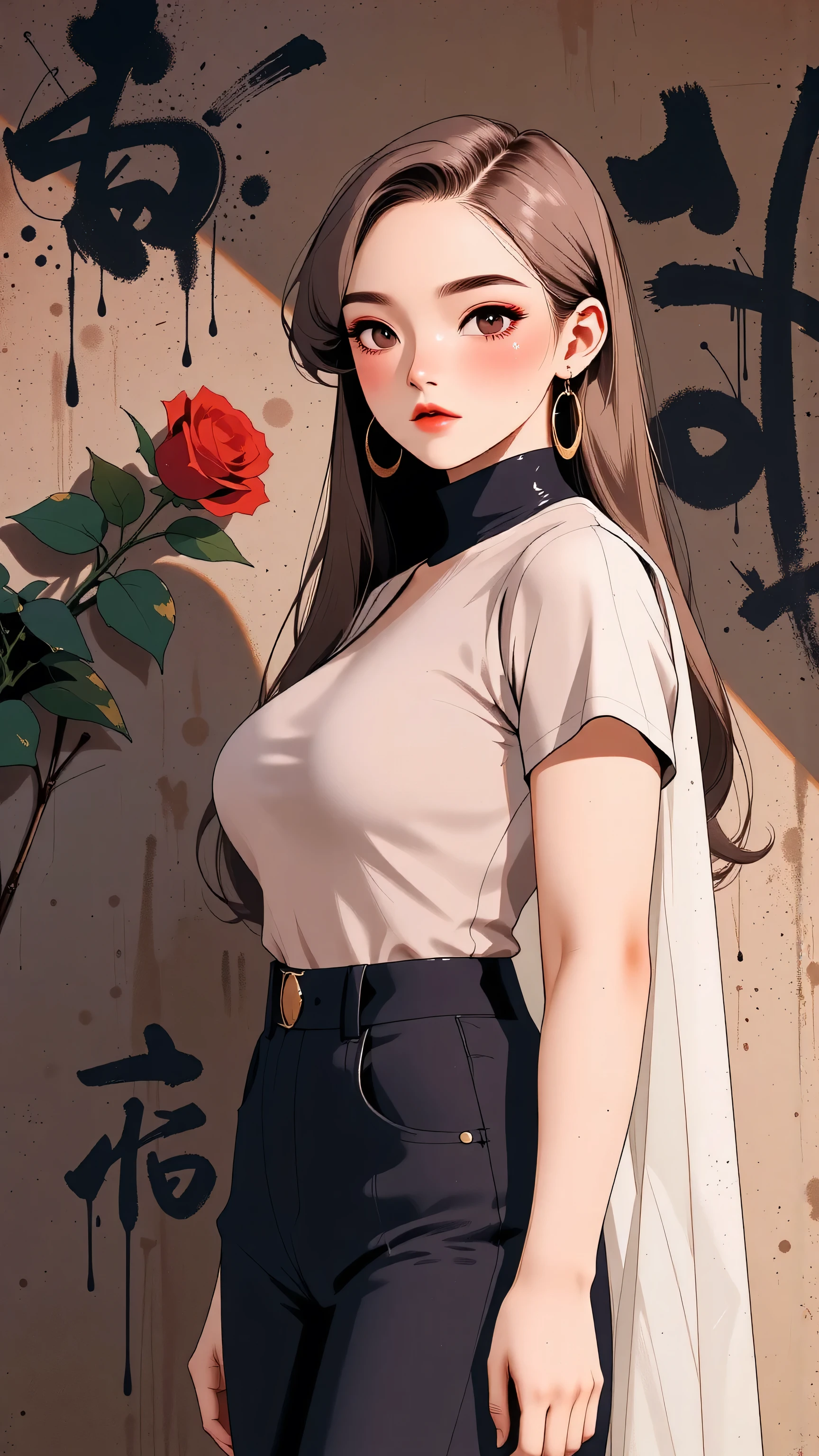 (masterpiece, best quality:1.4), official art, absurdres, vivid colors, girl, asian , beautiful eyes, tight crop top, tight pants, choker, (splash ink, graffiti on wall:1.2), navel, slender, standing, from below, cowboy shot, small waist, thick thighs, (arch back, perky butt:0.6), sharp focus, dynamic lighting, cinematic lighting, dramatic shadow, highres, ultra detailed, finely detail, extremely detailed, detailed eyes and face, sharp pupils, realistic pupils, simple background, big breasts, cleavage,