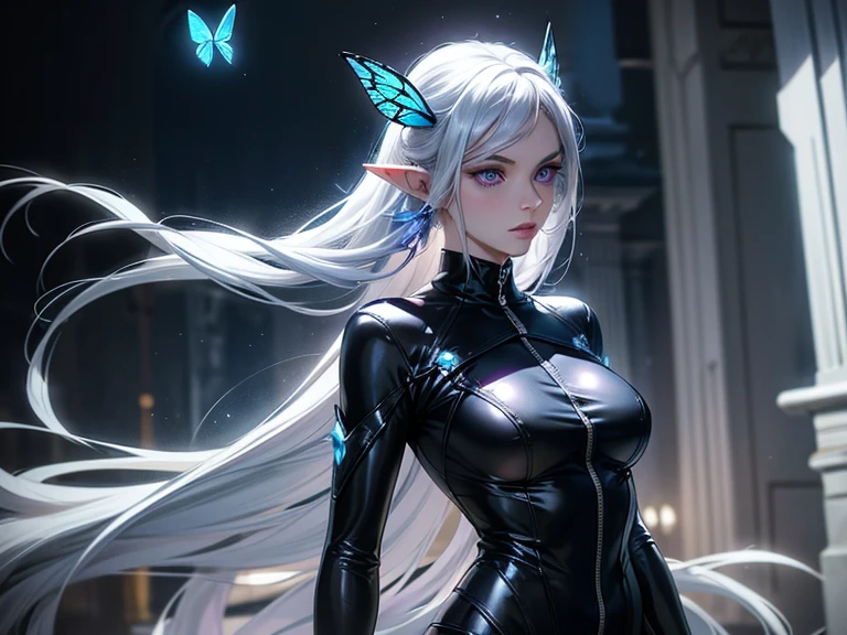 white-haired wolf blue eyes 12 years old blue katanas on her back smiling blue butterflies around next to a with green hair and white eyes