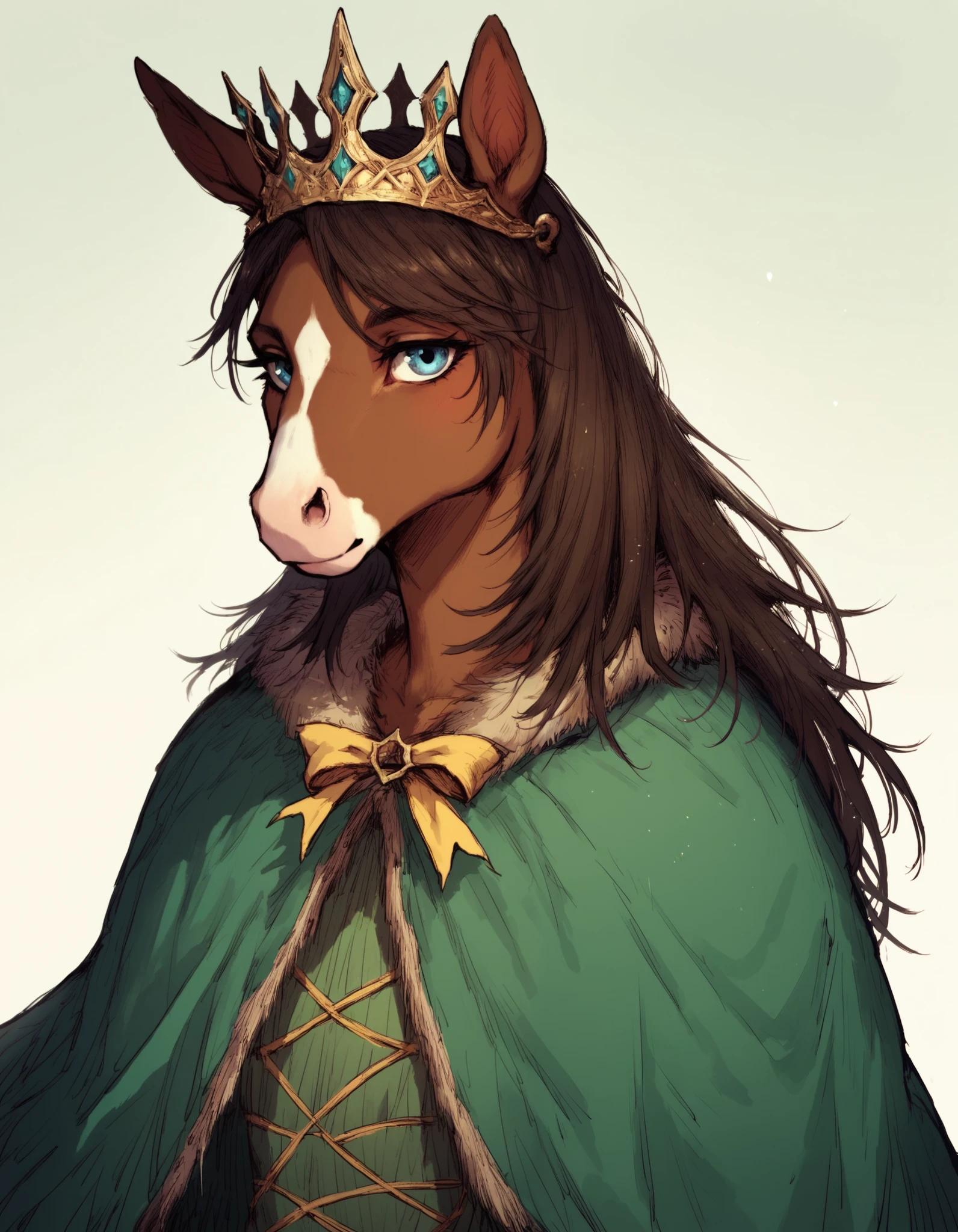 black souls style,, solo, anthropomorphic horse, 1 girl, furry female, furry horse, light brown fur, blue eyes, long snout, dark brown mane, green clothes with large yellow stripe, crown, 