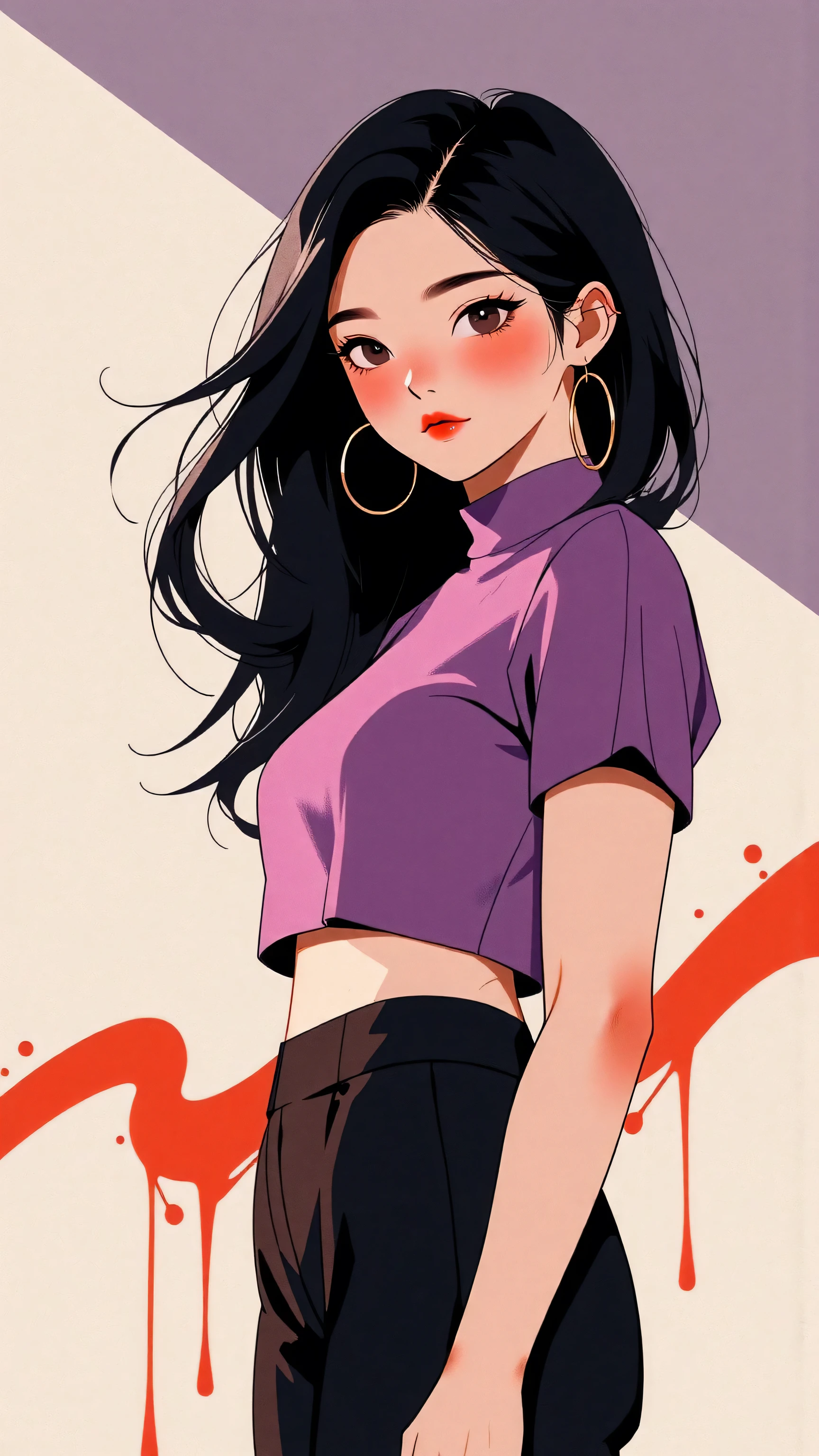 girl, portrait, small breasts, slim, long black hair with pink streak, bangs, Junipher Lee, soft or colored lips, Asian, short green shirt, loose jeans, simple background, Flat colors, perfect hands, perfect anatomy,