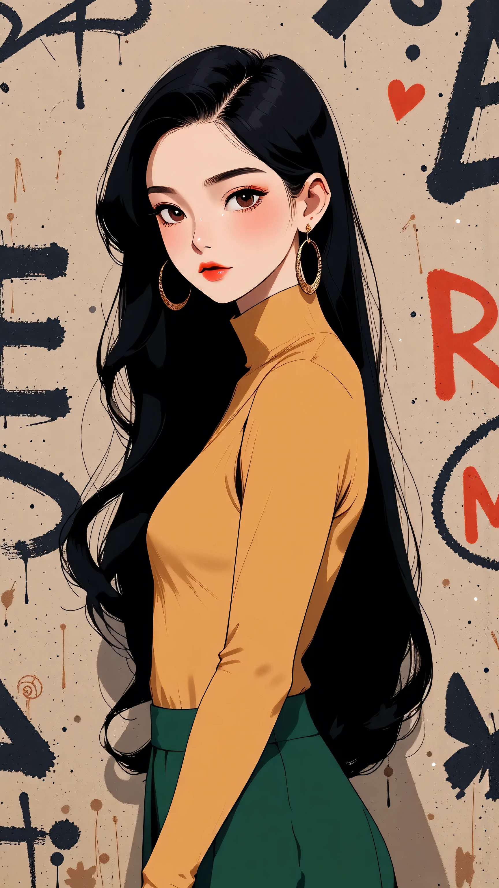 (masterpiece, best quality:1.4), official art, absurdres, vivid colors, girl, asian , beautiful eyes, tight crop top, tight pants, choker, (splash ink, graffiti on wall:1.2), navel, slender, standing, from below, cowboy shot, small waist, thick thighs, (arch back, perky butt:0.6), sharp focus, dynamic lighting, cinematic lighting, dramatic shadow, highres, ultra detailed, finely detail, extremely detailed, detailed eyes and face, sharp pupils, realistic pupils, simple background, big breasts, cleavage, 
