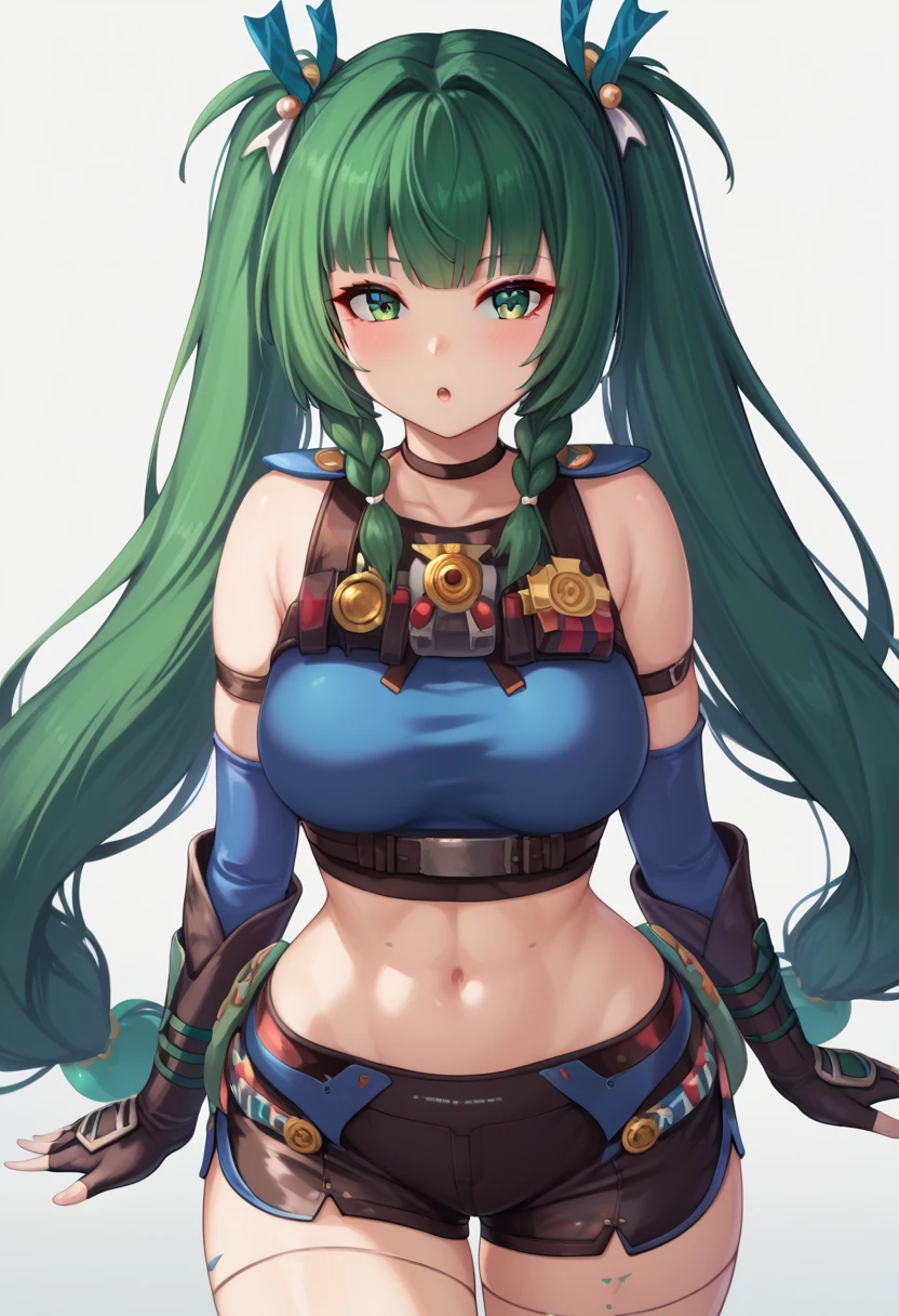 ultra-detailed,
master piece,best quality,high resolution,
beautiful eyes,detailed eyes,detailed face,
beautiful detailed eyes,symmetrical clear eyes,
1girl,score_9,score_8_up,score_7_up BREAK qingyiSDXL,1girl,long hair,gloves,bare shoulders,twintails,very long hair,green eyes,braid,green hair,shorts,black gloves,fingerless gloves,twin braids,crop top,short shorts,black shorts,joints,(small breasts:0.9),(medium breasts:1.2),wide hip,太い太もも